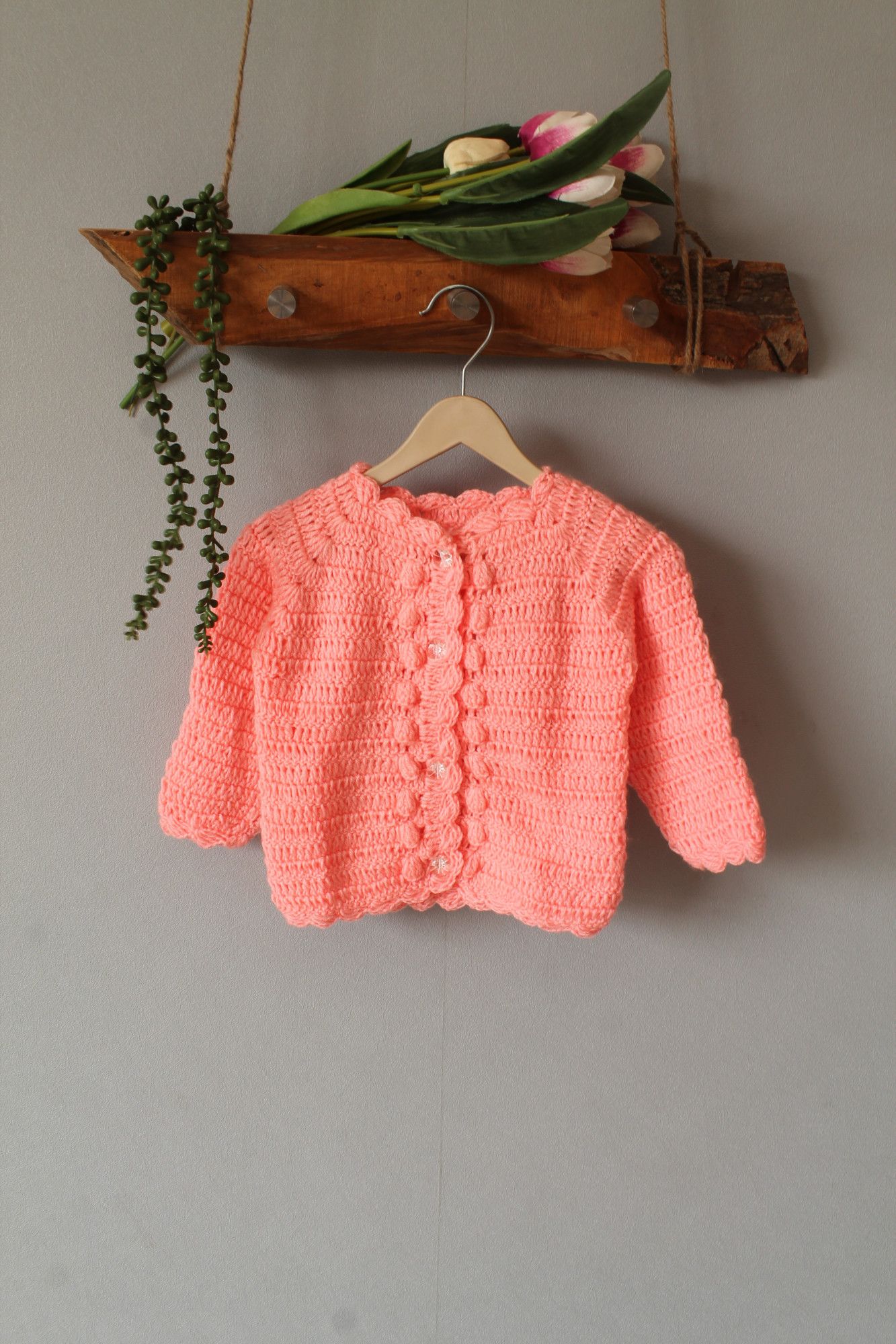 Crochet Self Design Sweater - Peach
