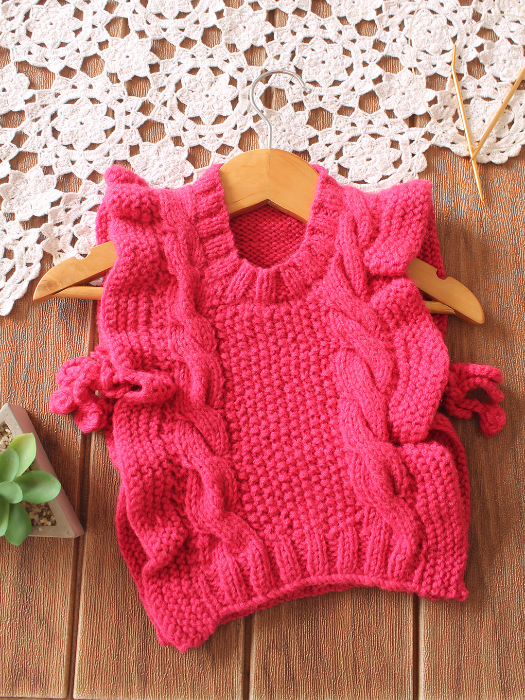 Handknitted Cable Knit Side Tie-Up Sweater - Pink