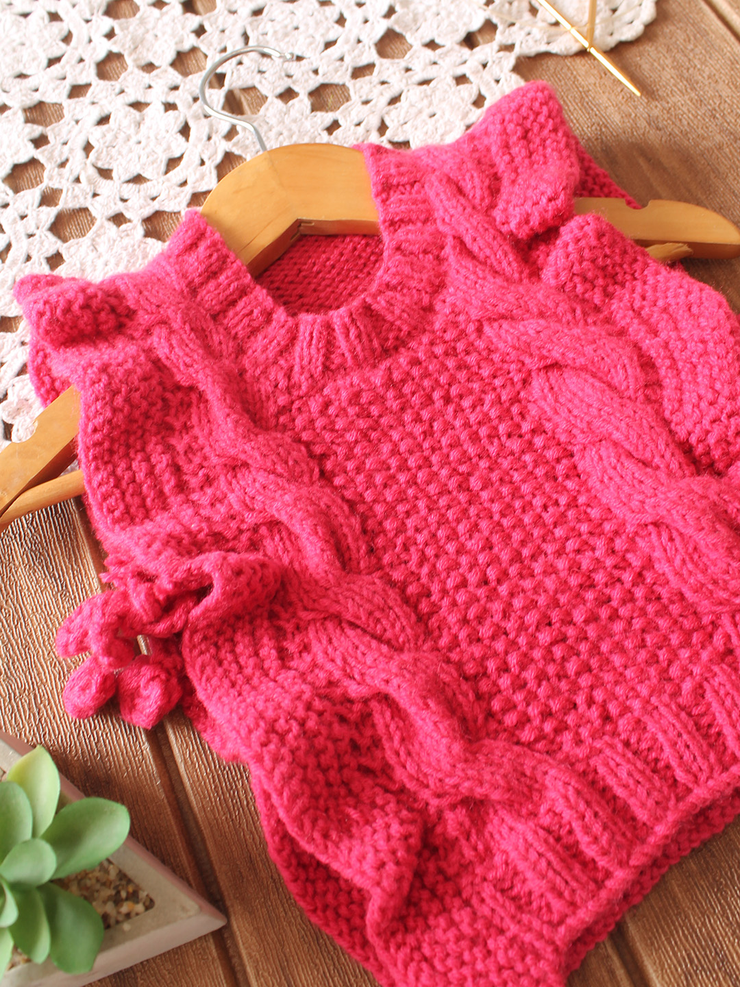 Handknitted Cable Knit Side Tie-Up Sweater - Pink