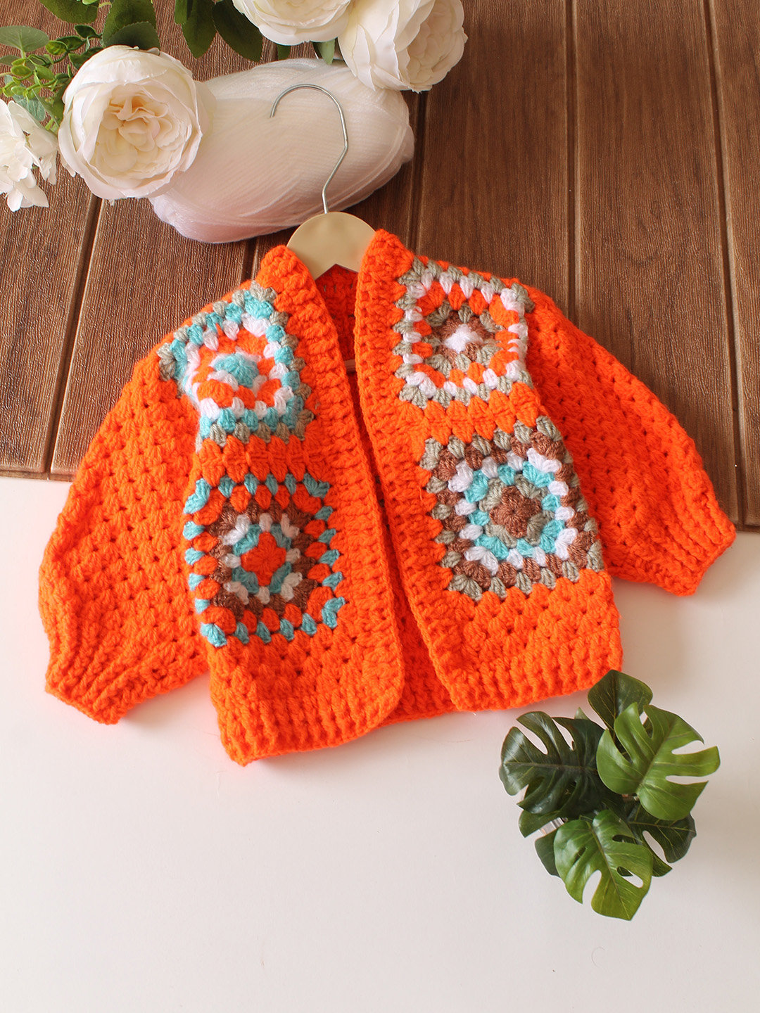 Crochet Granny Square Front Openable Sweater - Orange
