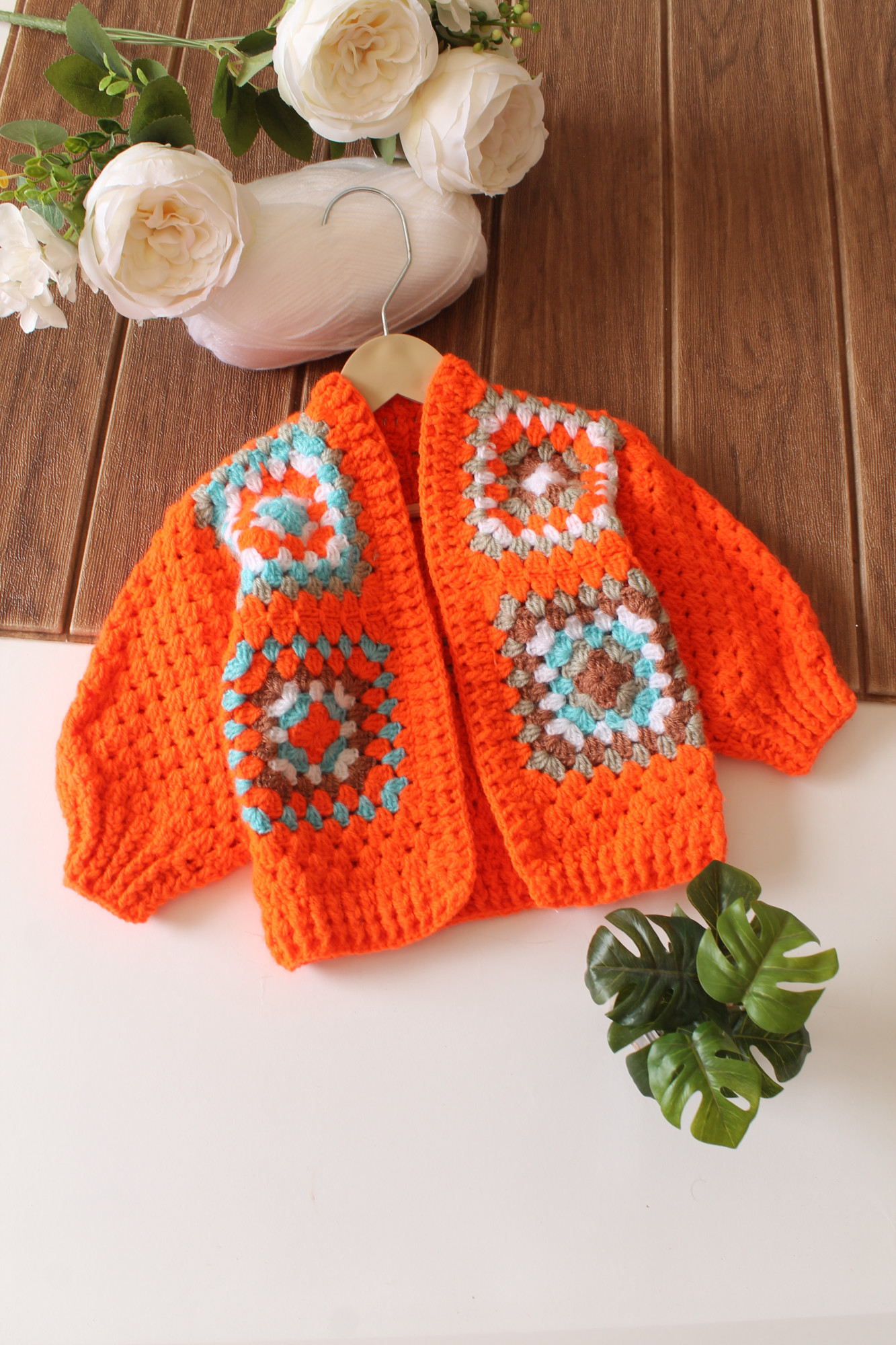Crochet Granny Square Front Openable Sweater - Orange