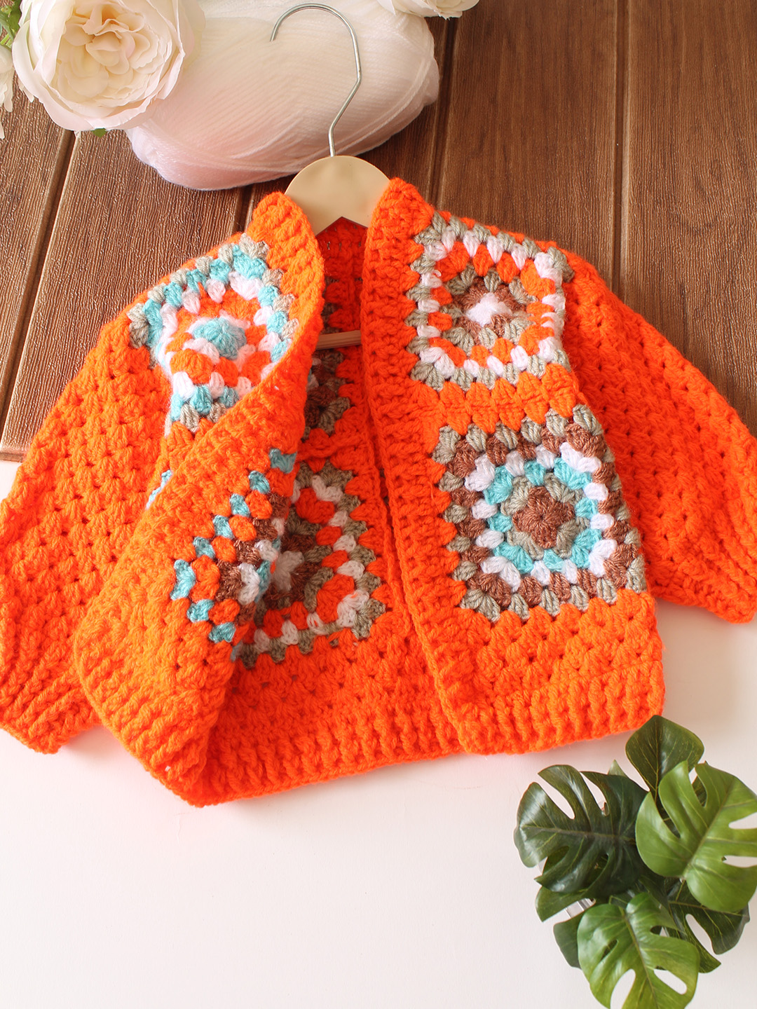 Crochet Granny Square Front Openable Sweater - Orange