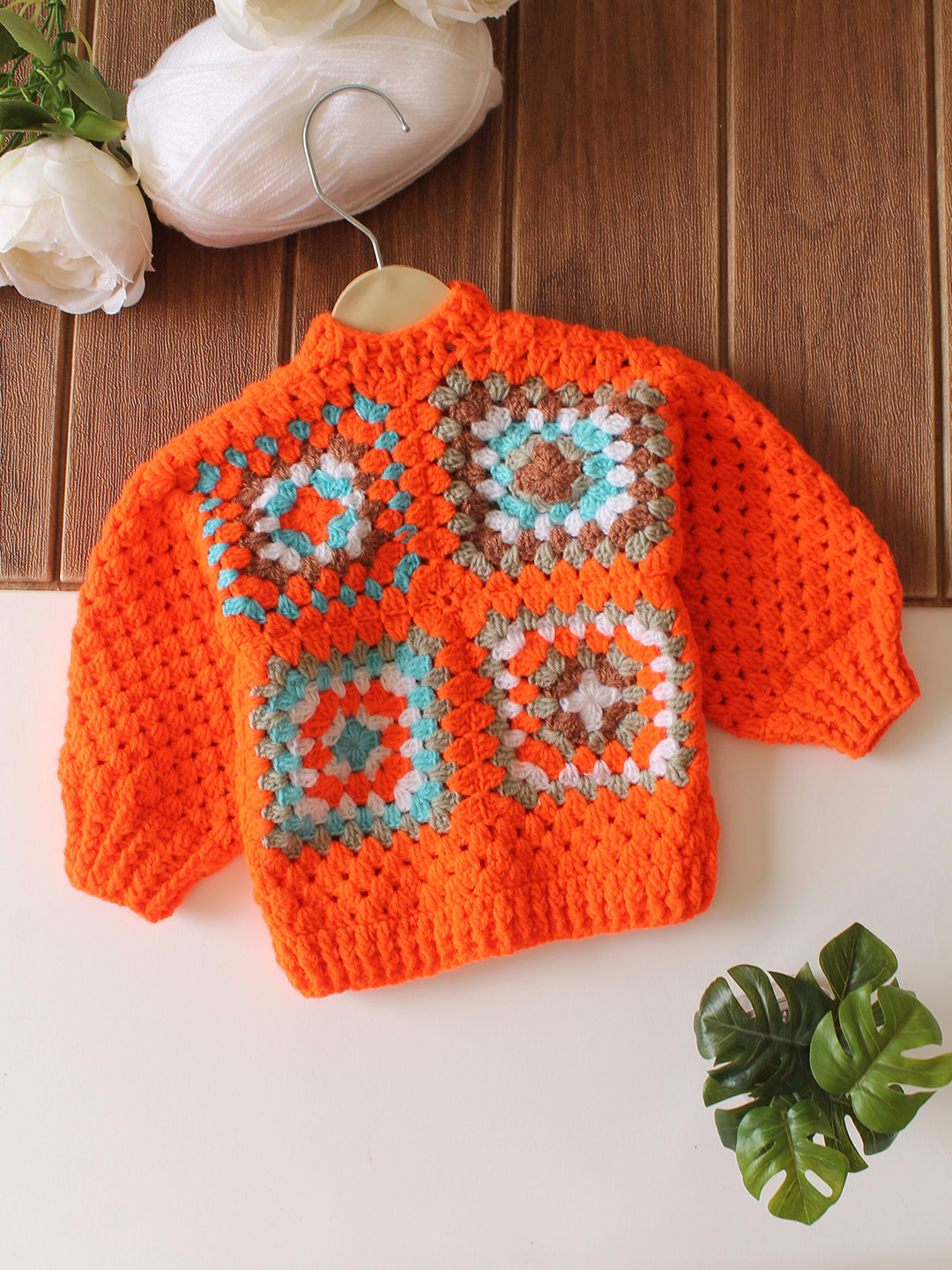 Crochet Granny Square Front Openable Sweater - Orange