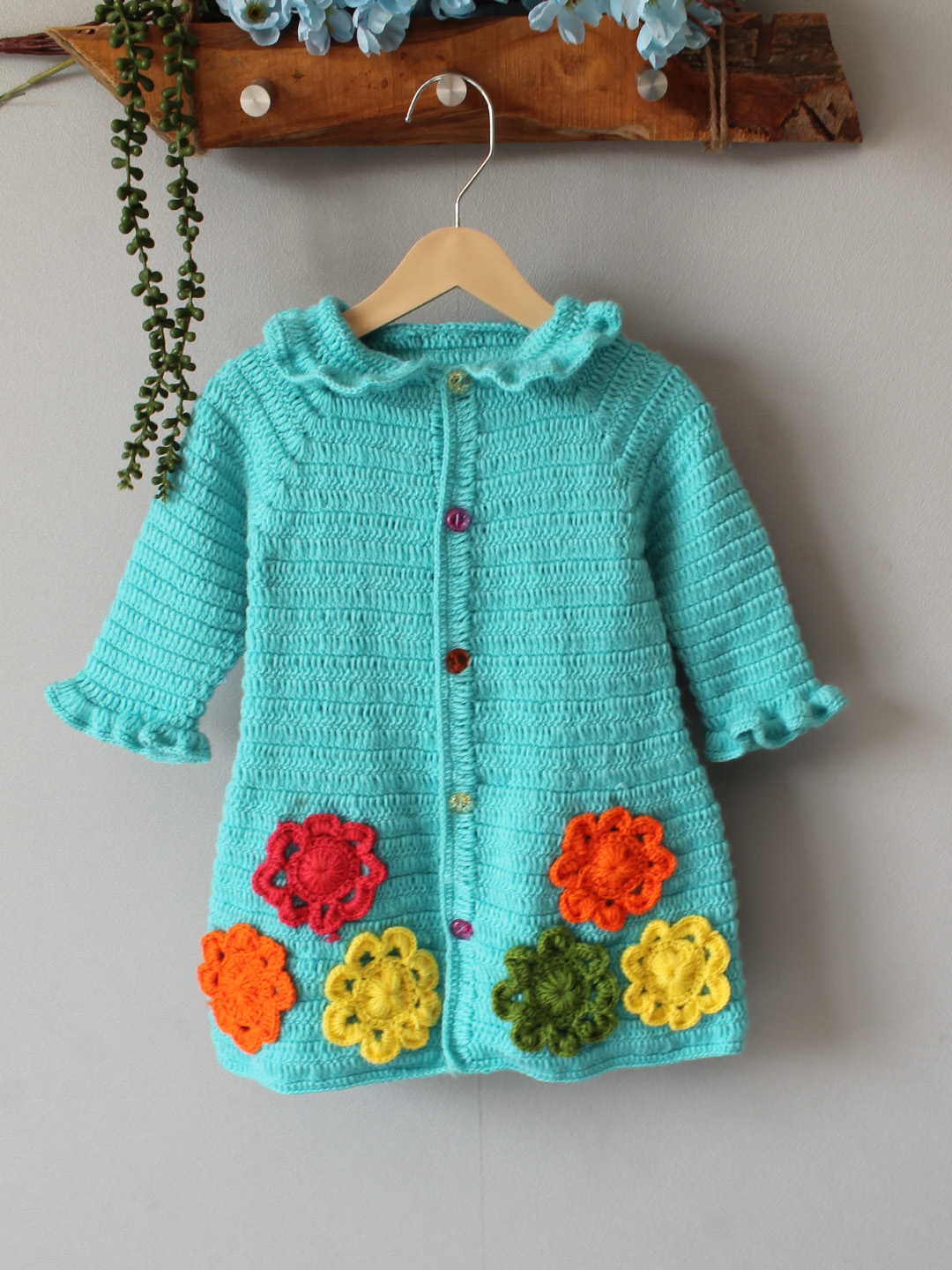 Crochet Floral Collar Detailed Sweater - Blue
