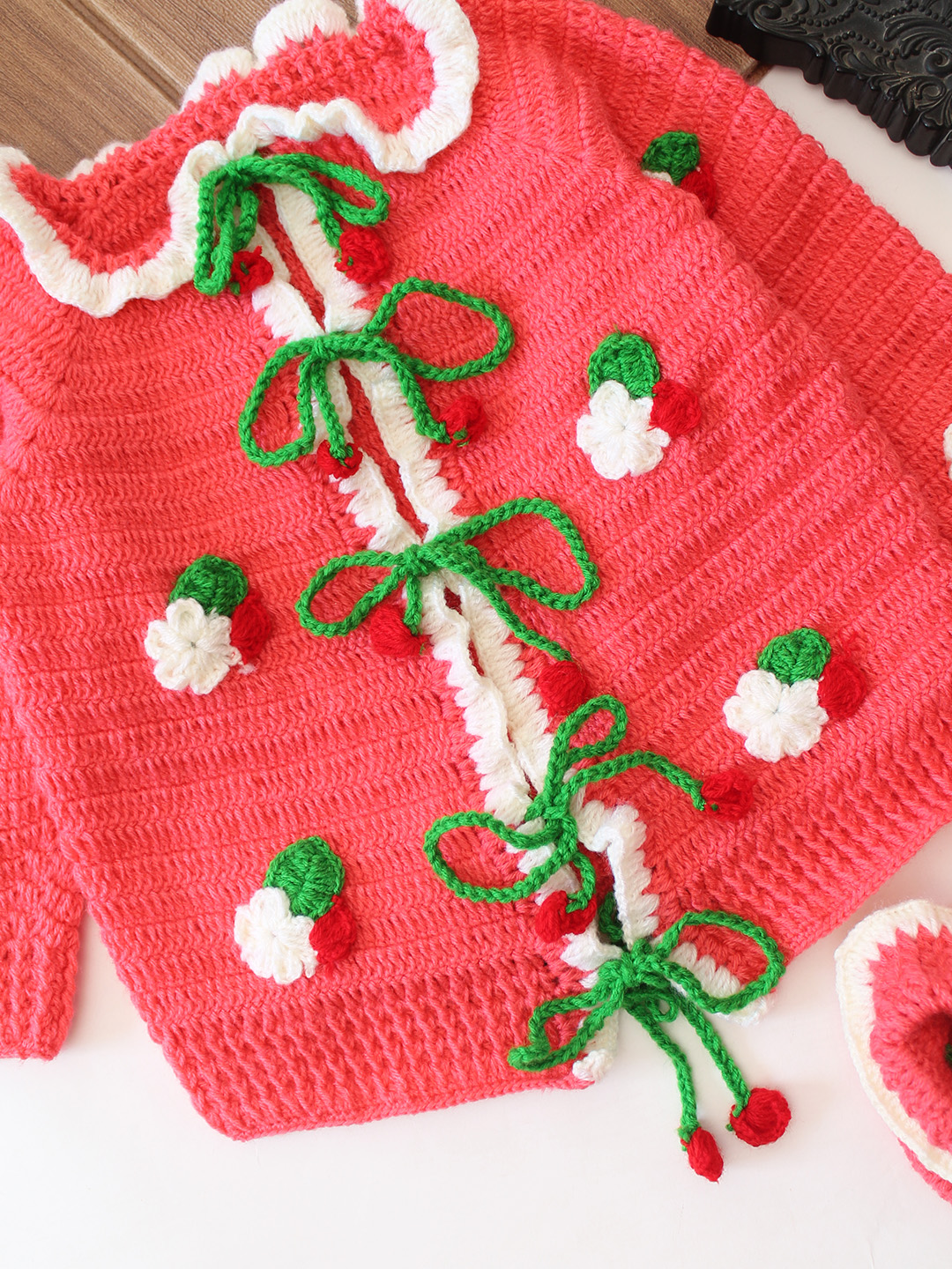 Crochet Floral Front Openable Drawstring Sweater with Bootie - Pink