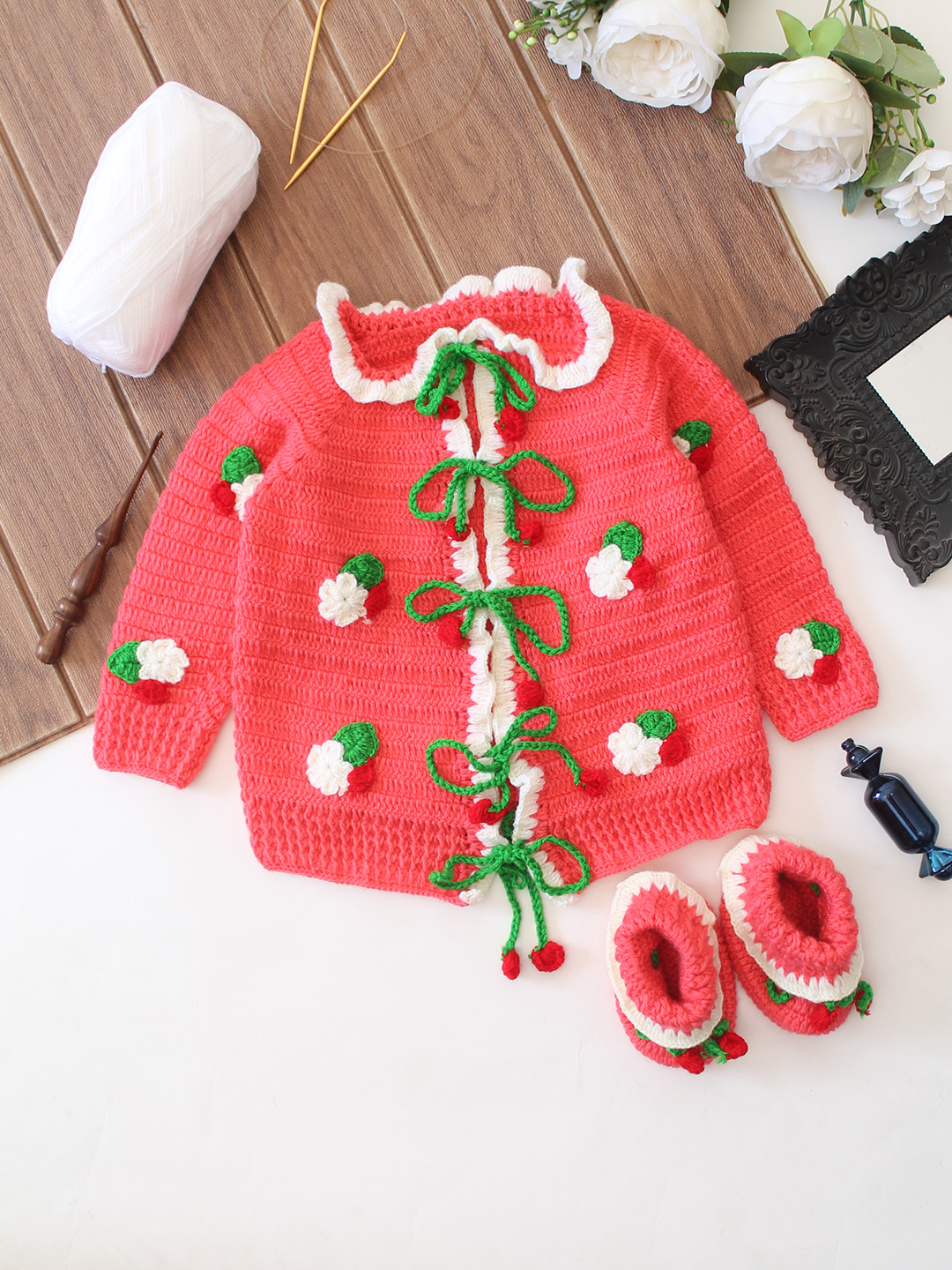 Crochet Floral Front Openable Drawstring Sweater with Bootie - Pink