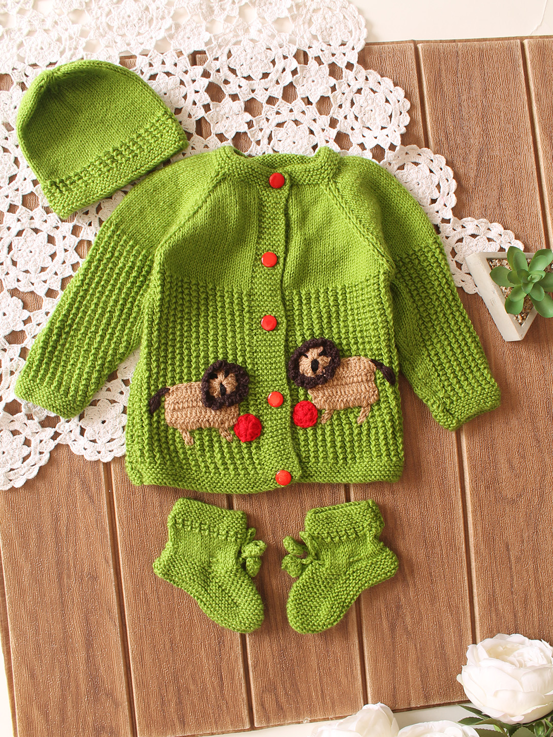 Handknitted Animal Design Sweater with Cap & Booties - Green