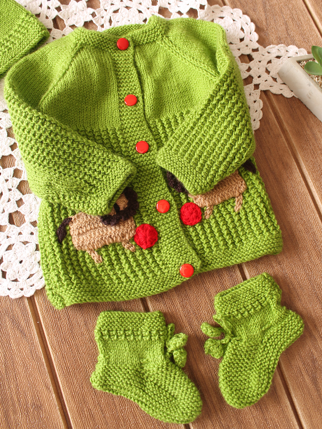 Handknitted Animal Design Sweater with Cap & Booties - Green