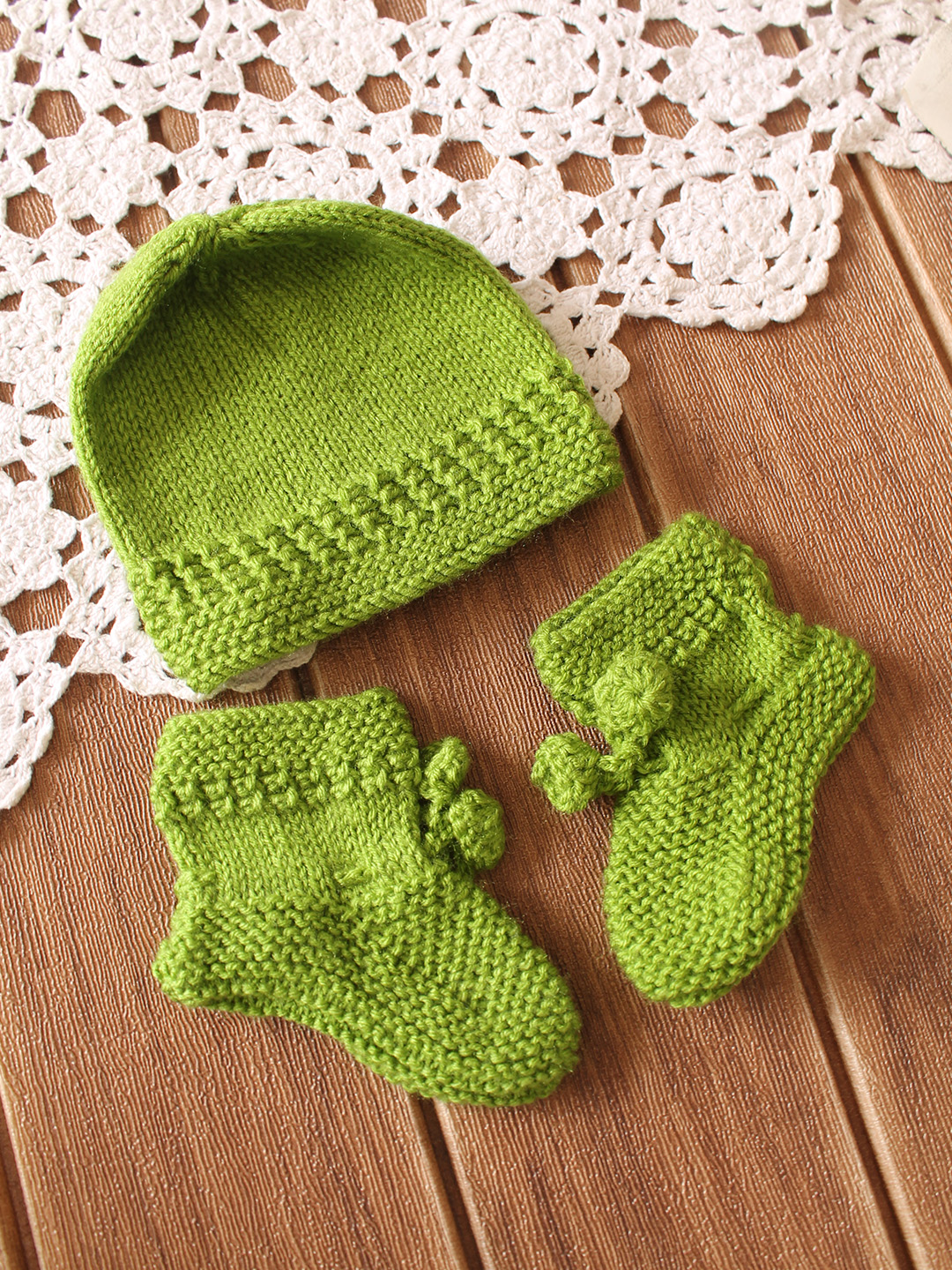 Handknitted Animal Design Sweater with Cap & Booties - Green