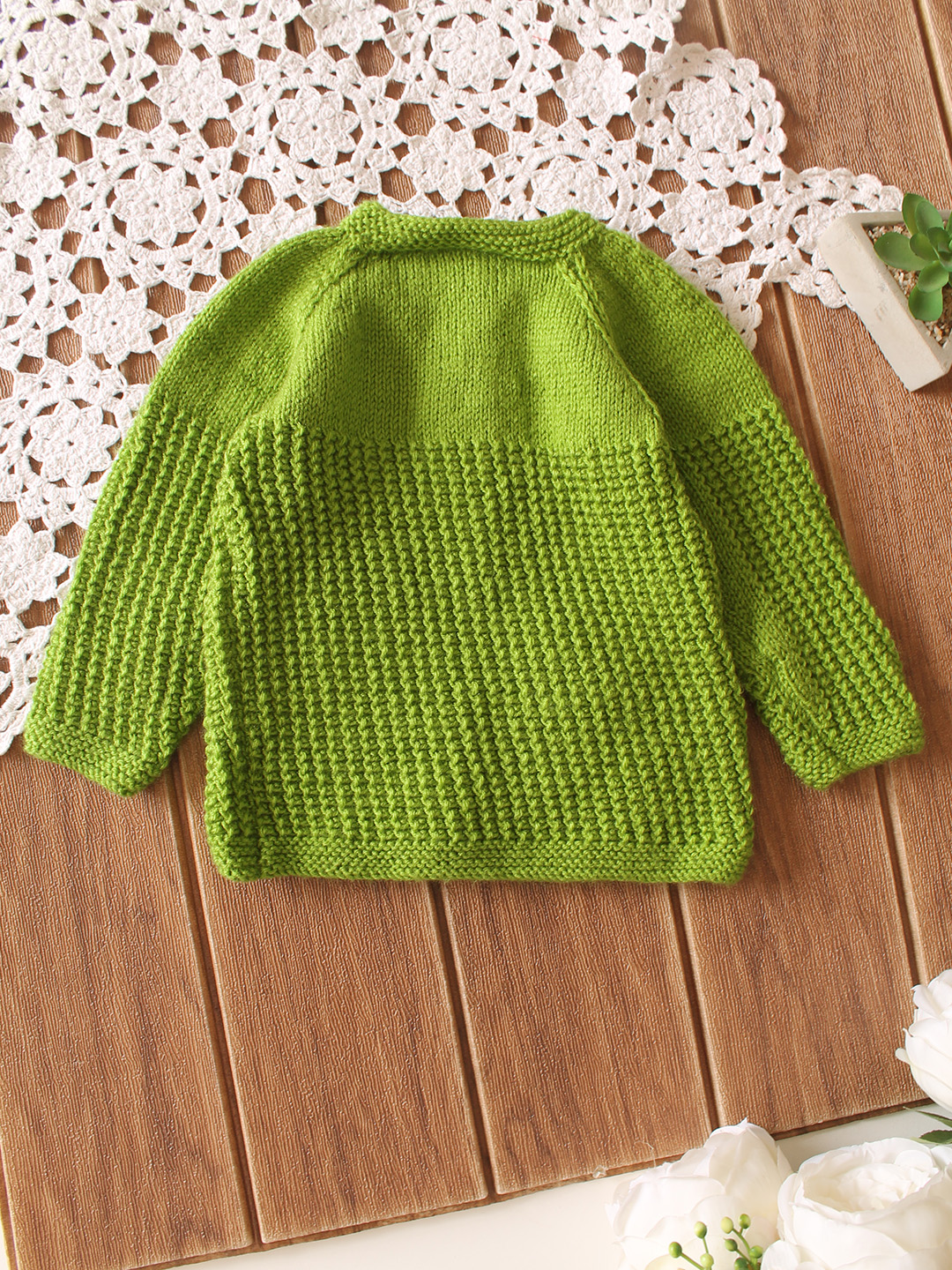 Handknitted Animal Design Sweater with Cap & Booties - Green