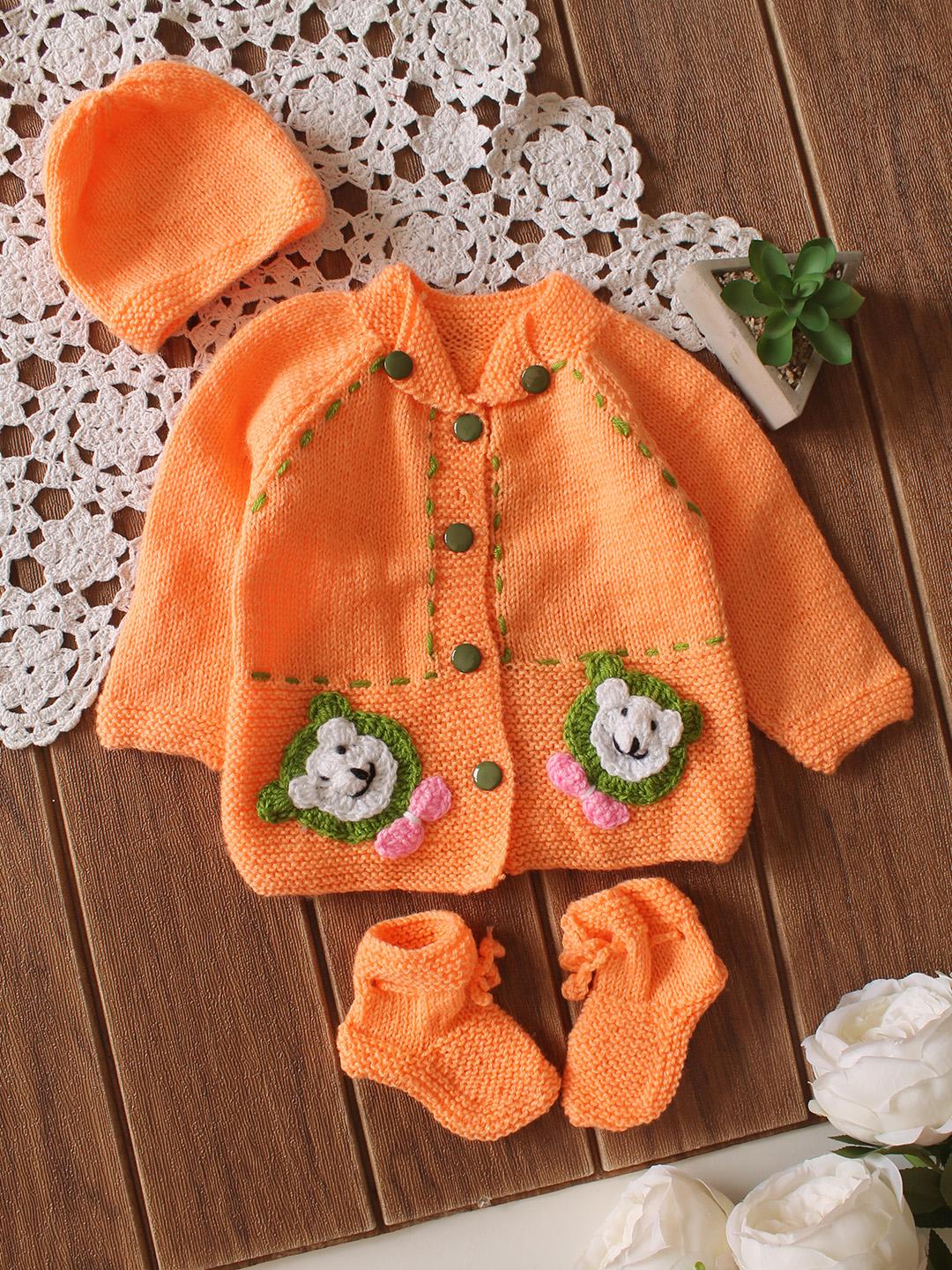 Handknitted Floral Embroidered Sweater - Orange