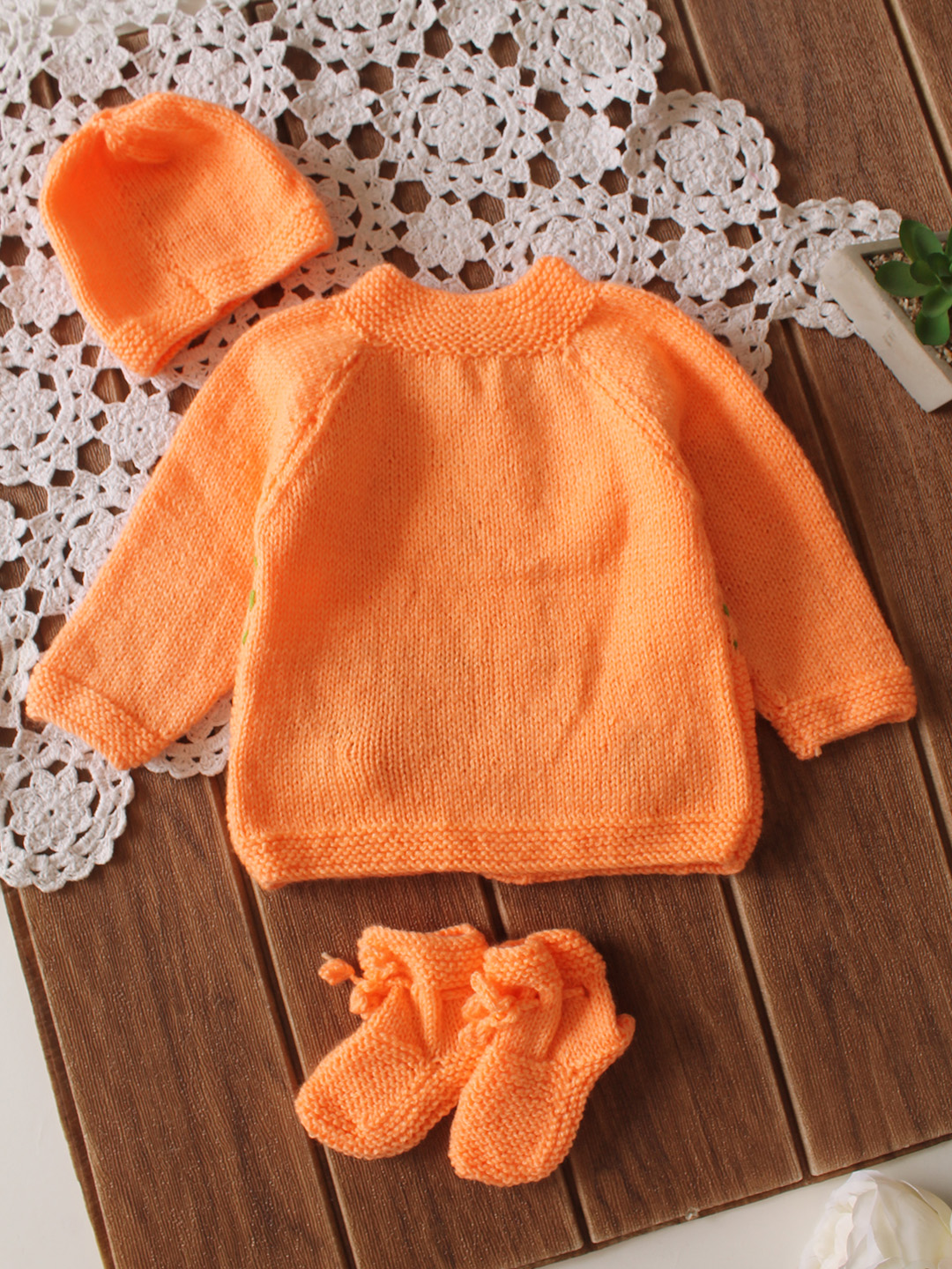 Handknitted Floral Embroidered Sweater - Orange