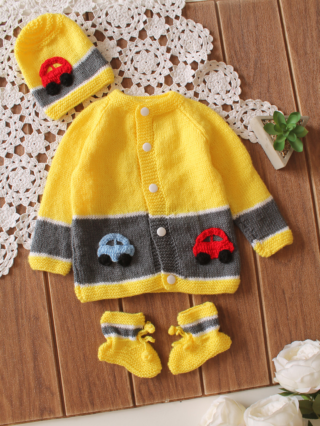 Handknitted Road and Car Design Sweater with Cap and Socks - Yellow
