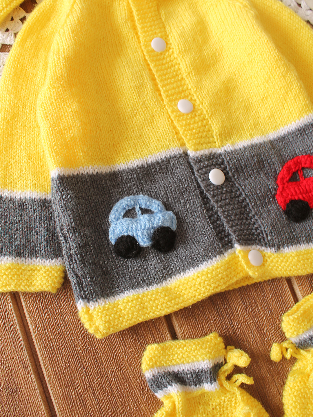 Handknitted Road and Car Design Sweater with Cap and Socks - Yellow