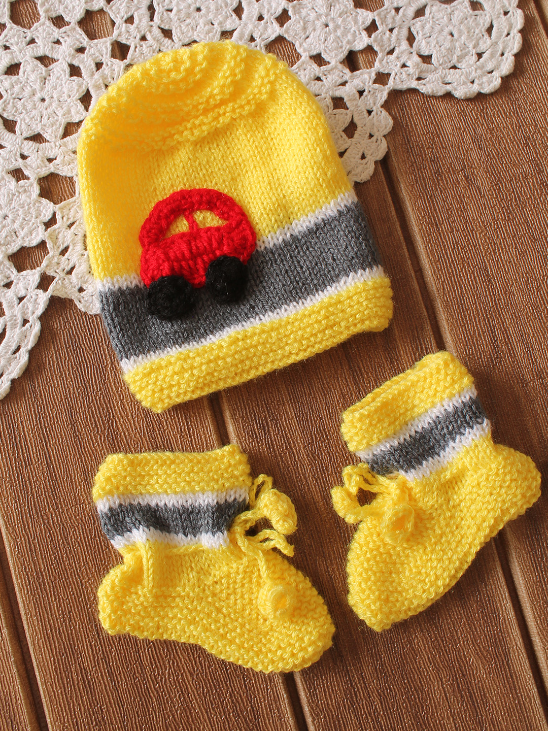 Handknitted Road and Car Design Sweater with Cap and Socks - Yellow
