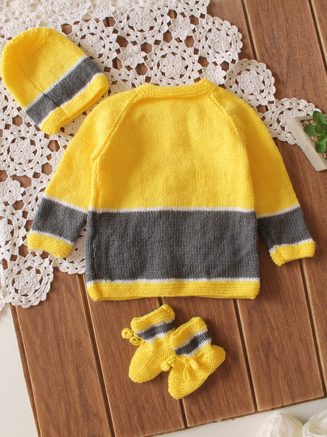 Handknitted Road and Car Design Sweater with Cap and Socks - Yellow