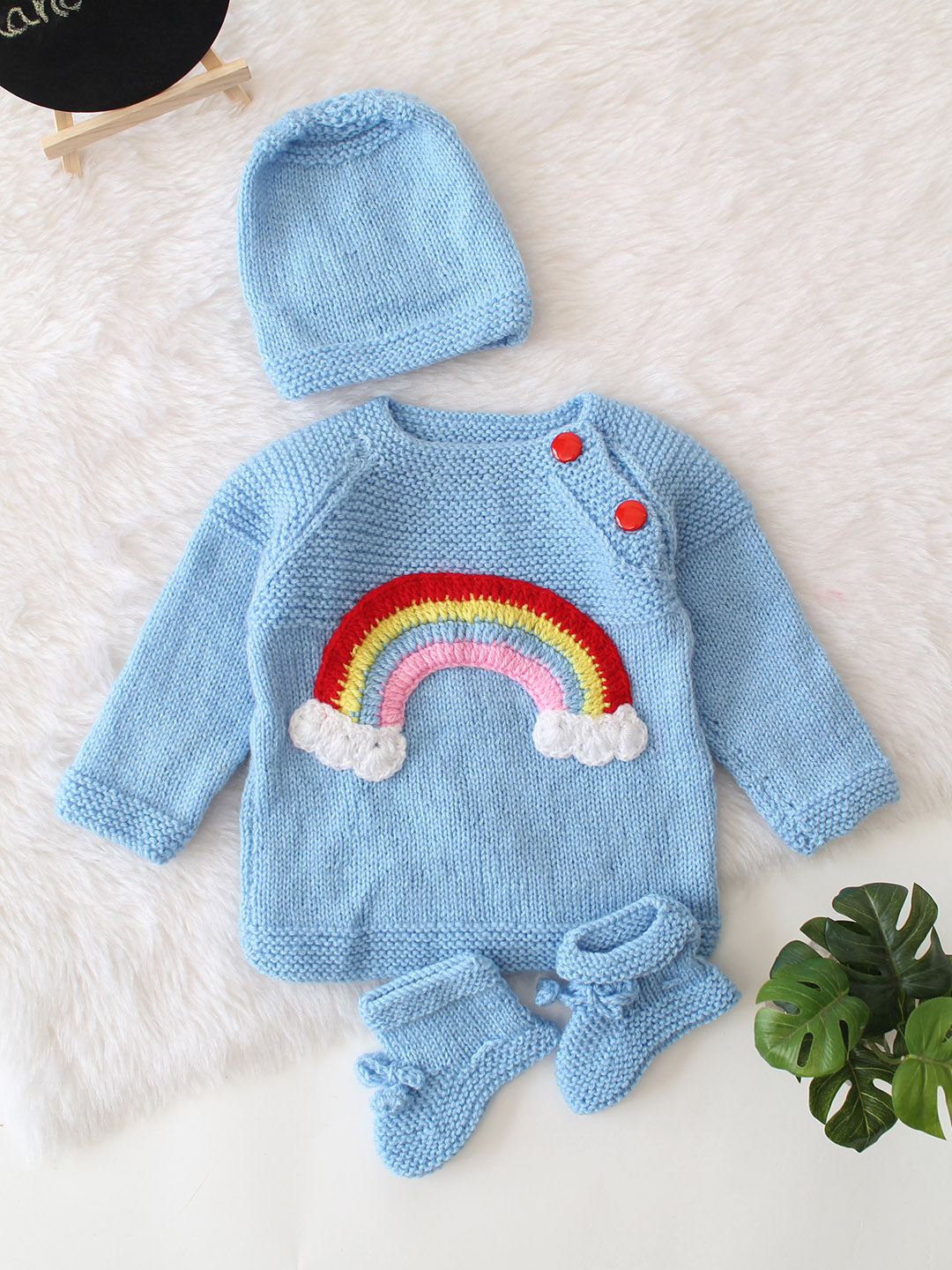 Knitted Rainbow Applique Sweater with Cap and Socks - Sky Blue