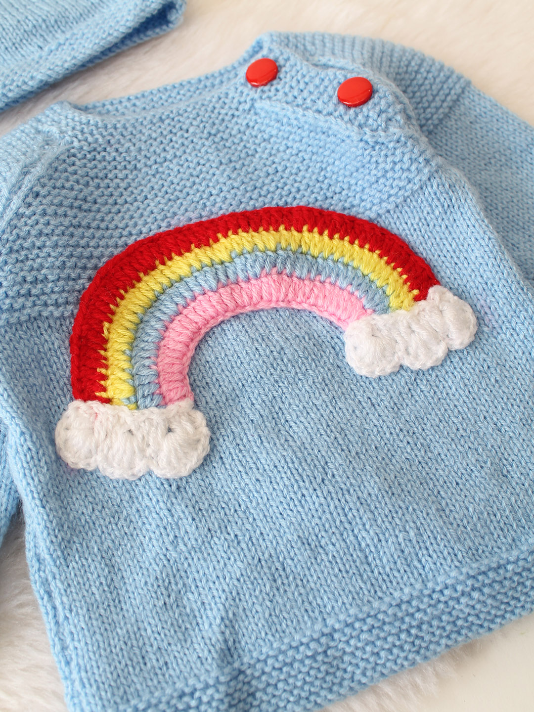 Knitted Rainbow Applique Sweater with Cap and Socks - Sky Blue