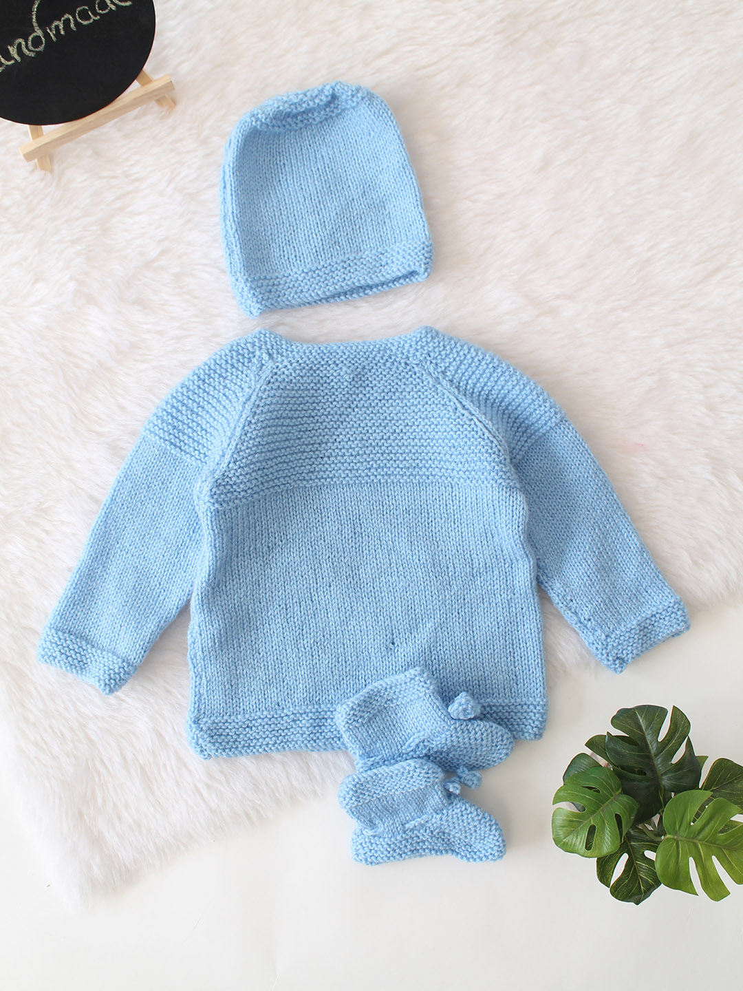 Knitted Rainbow Applique Sweater with Cap and Socks - Sky Blue