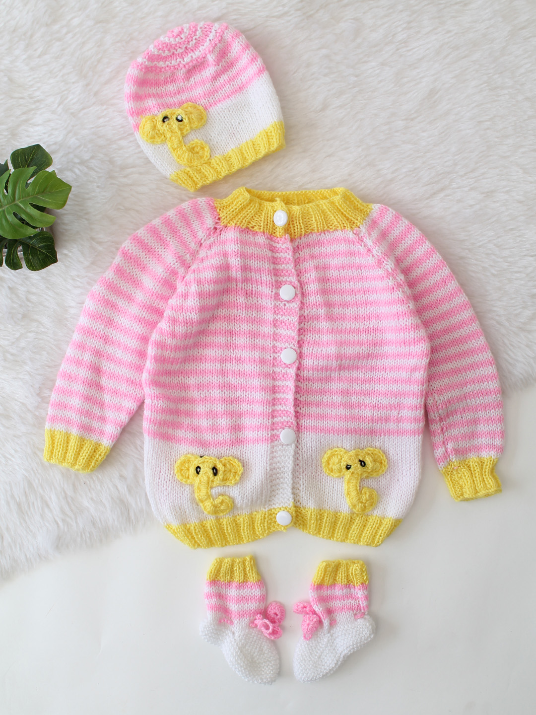 Knitted Striped Elephant Sweater with Cap and Socks - Pink