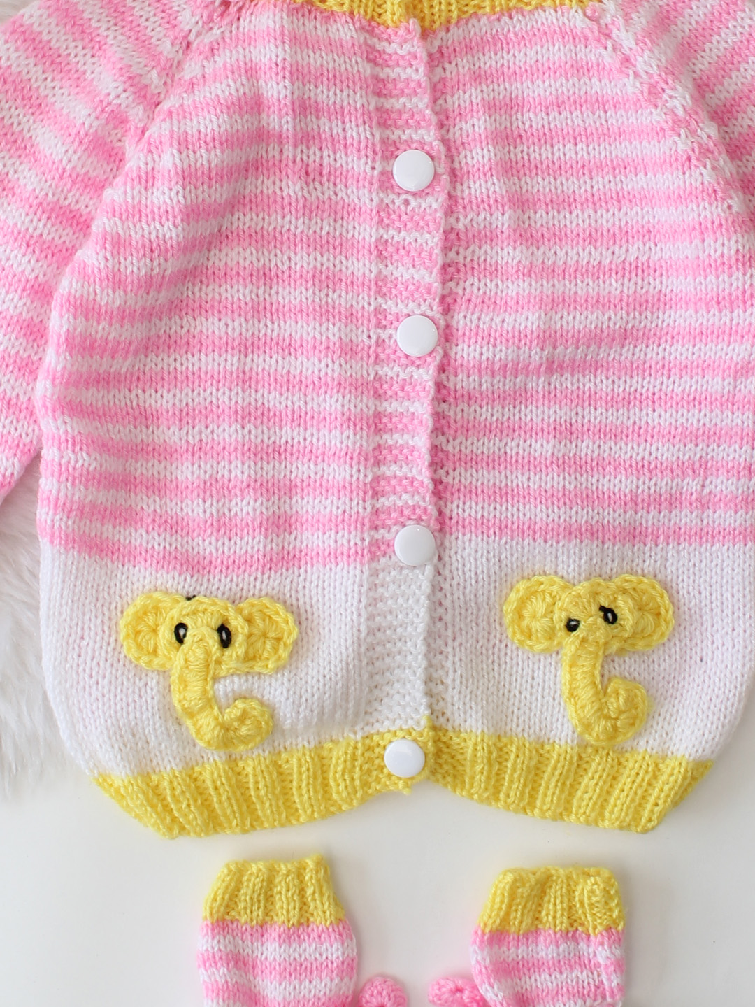 Knitted Striped Elephant Sweater with Cap and Socks - Pink
