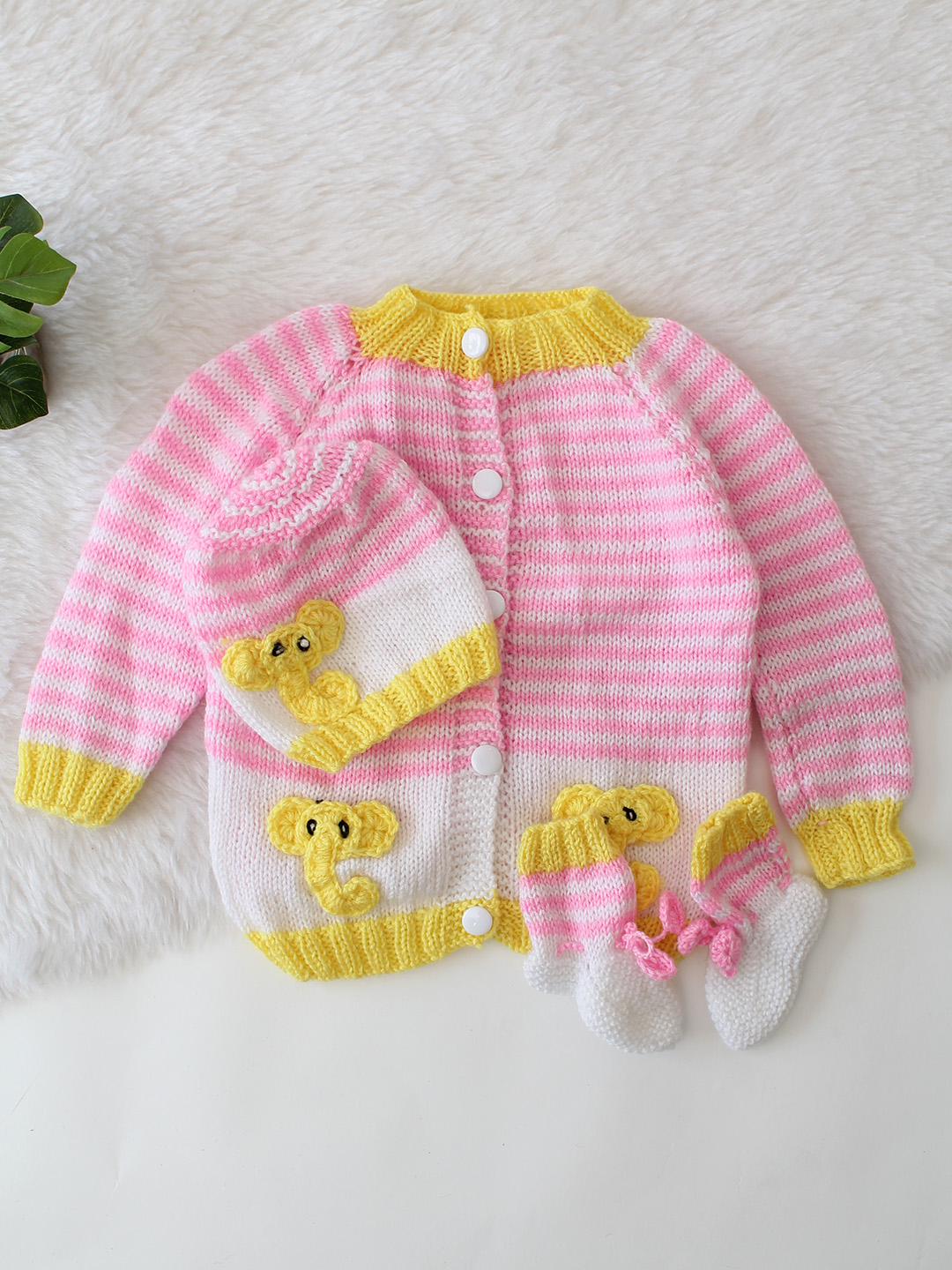 Knitted Striped Elephant Sweater with Cap and Socks - Pink