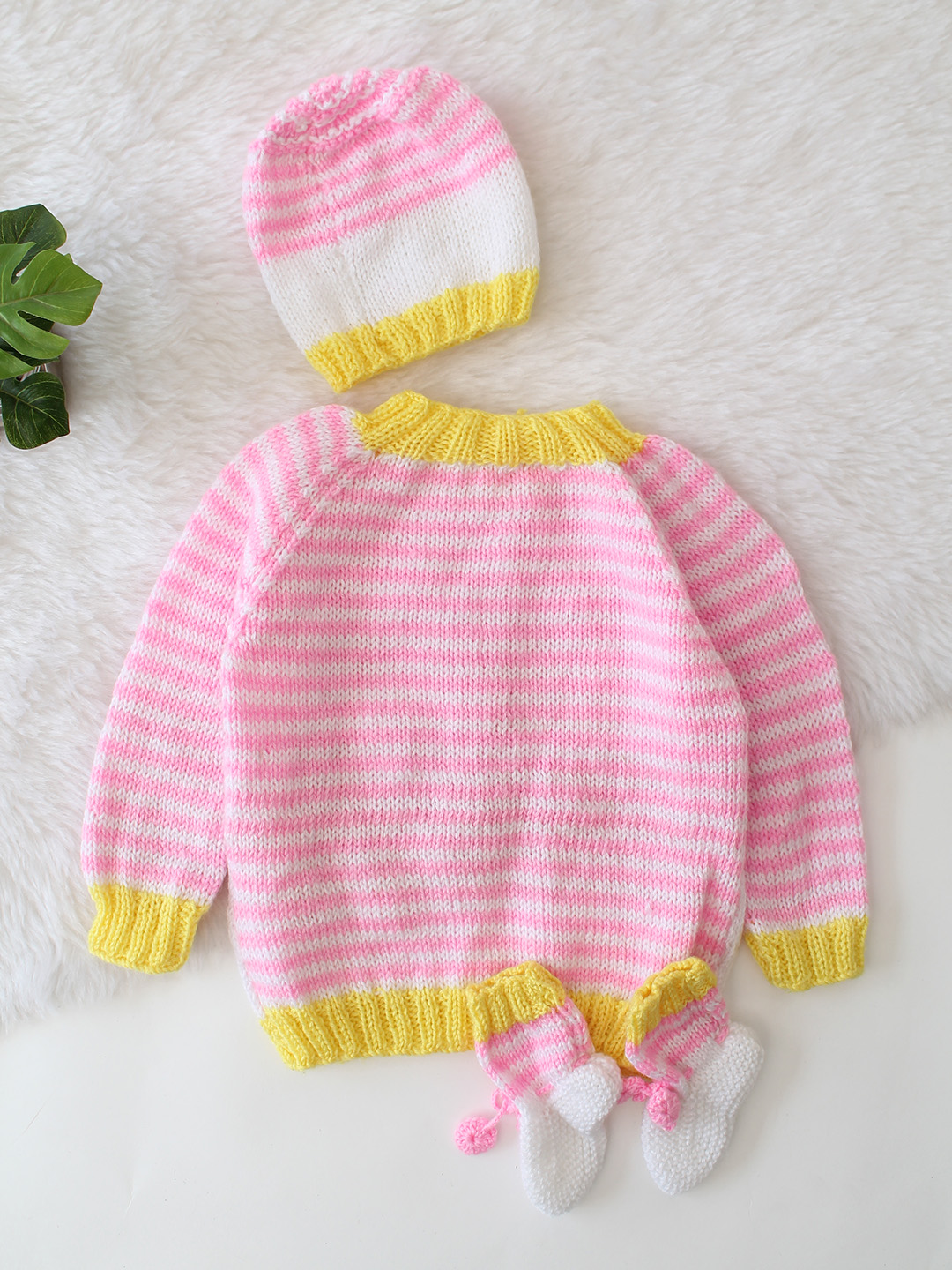 Knitted Striped Elephant Sweater with Cap and Socks - Pink