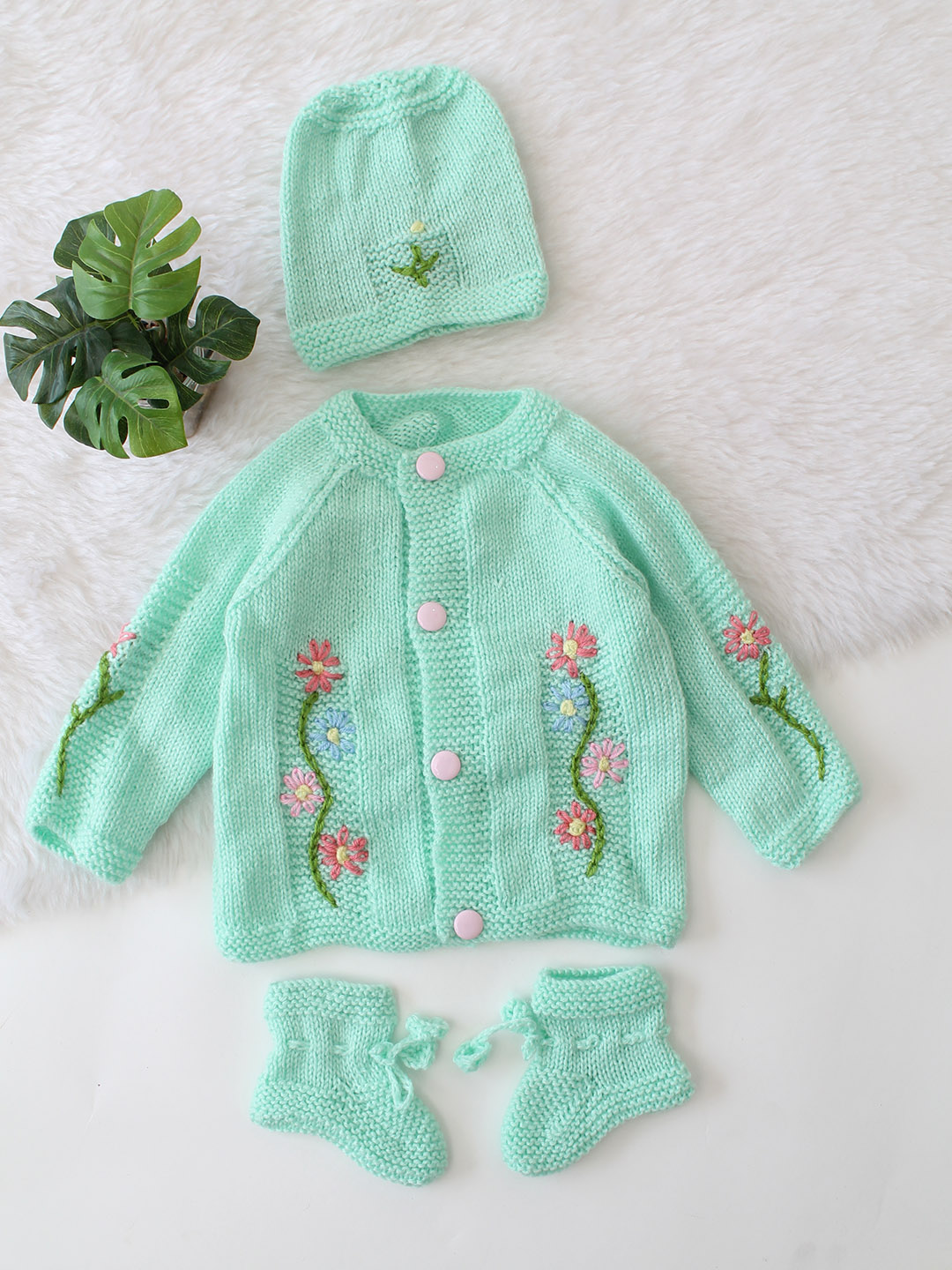 Handknitted Floral Sweater with Cap And Socks - Green
