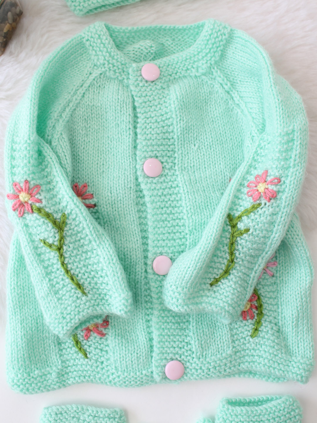 Handknitted Floral Sweater with Cap And Socks - Green