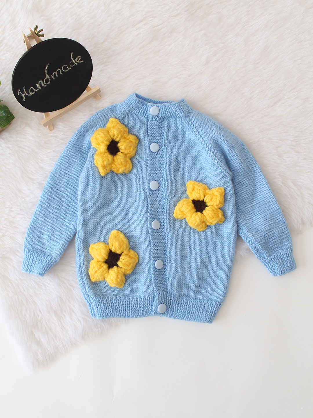 Handknitted 3D Sunflower Sweater - Sky Blue