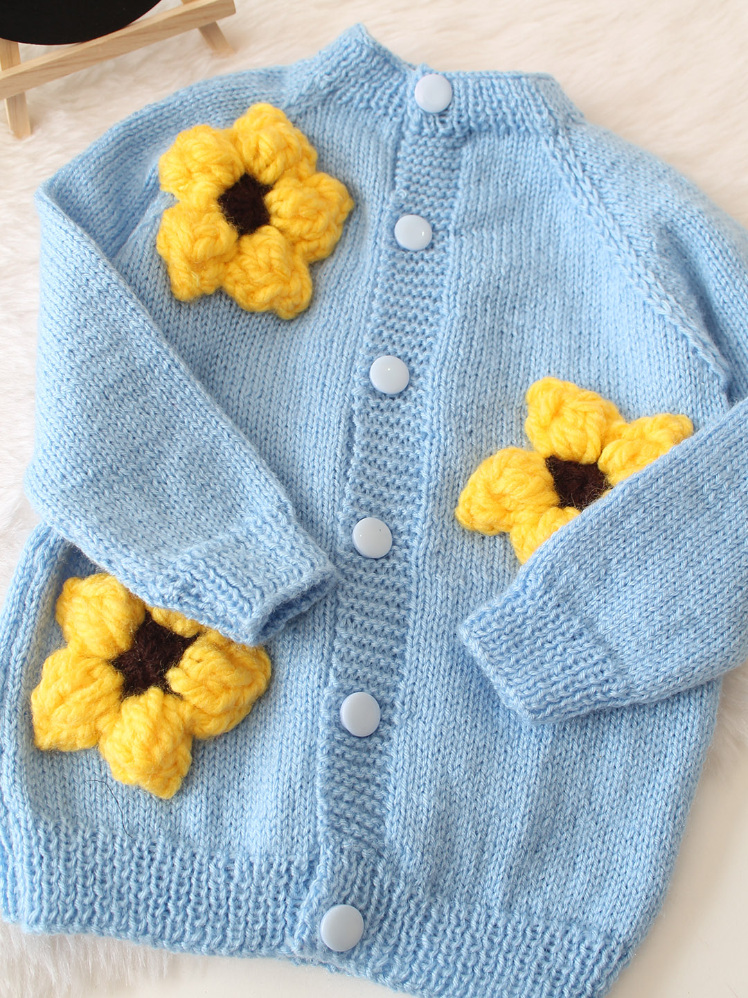 Handknitted 3D Sunflower Sweater - Sky Blue