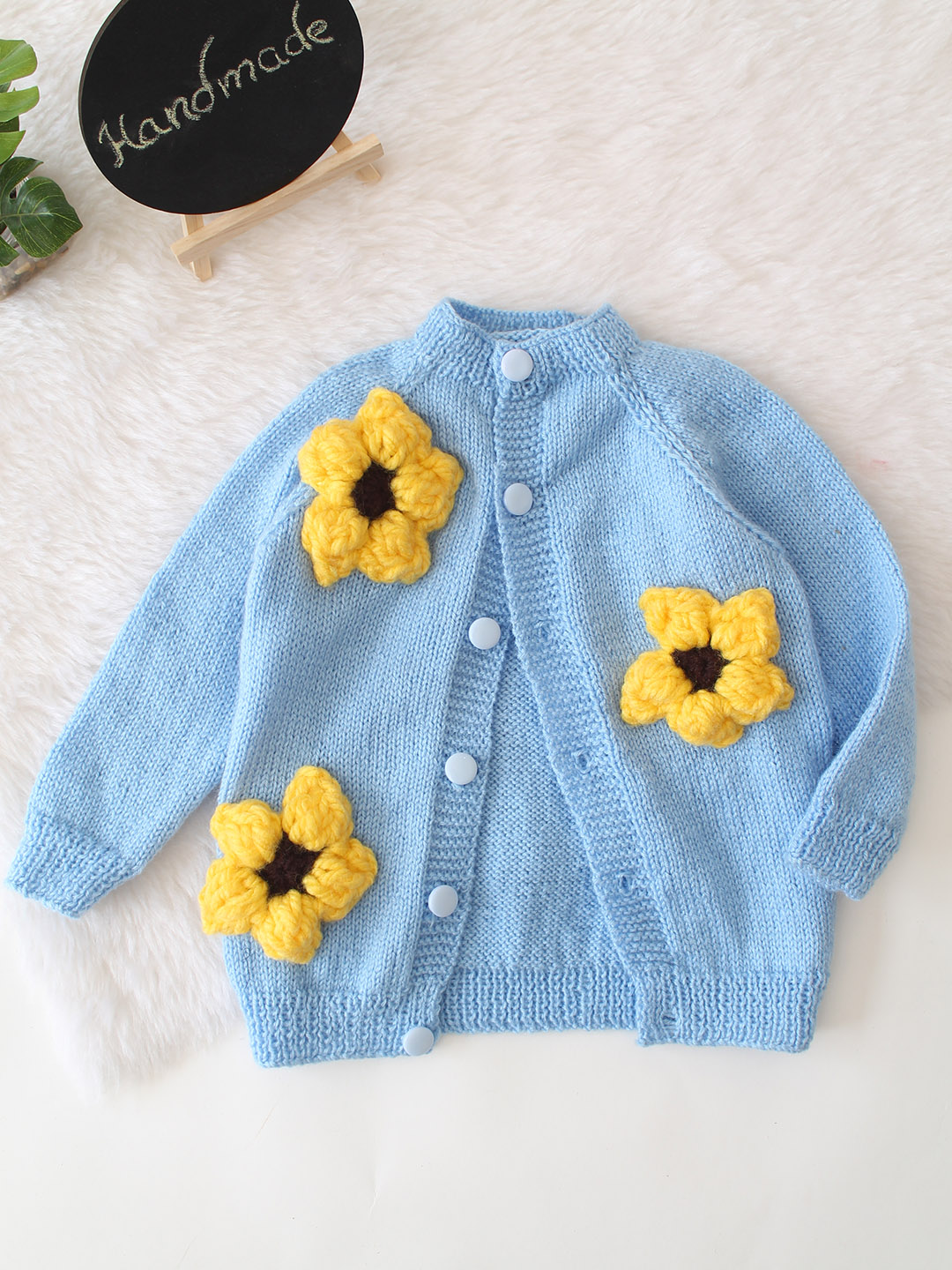 Handknitted 3D Sunflower Sweater - Sky Blue