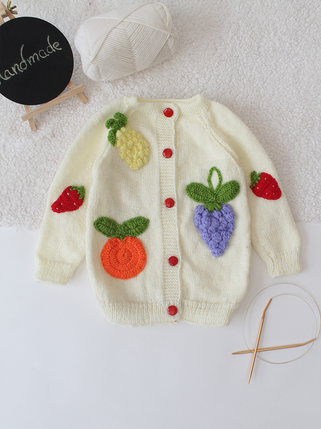 Handknitted 3D Fruit Applique Sweater - Cream