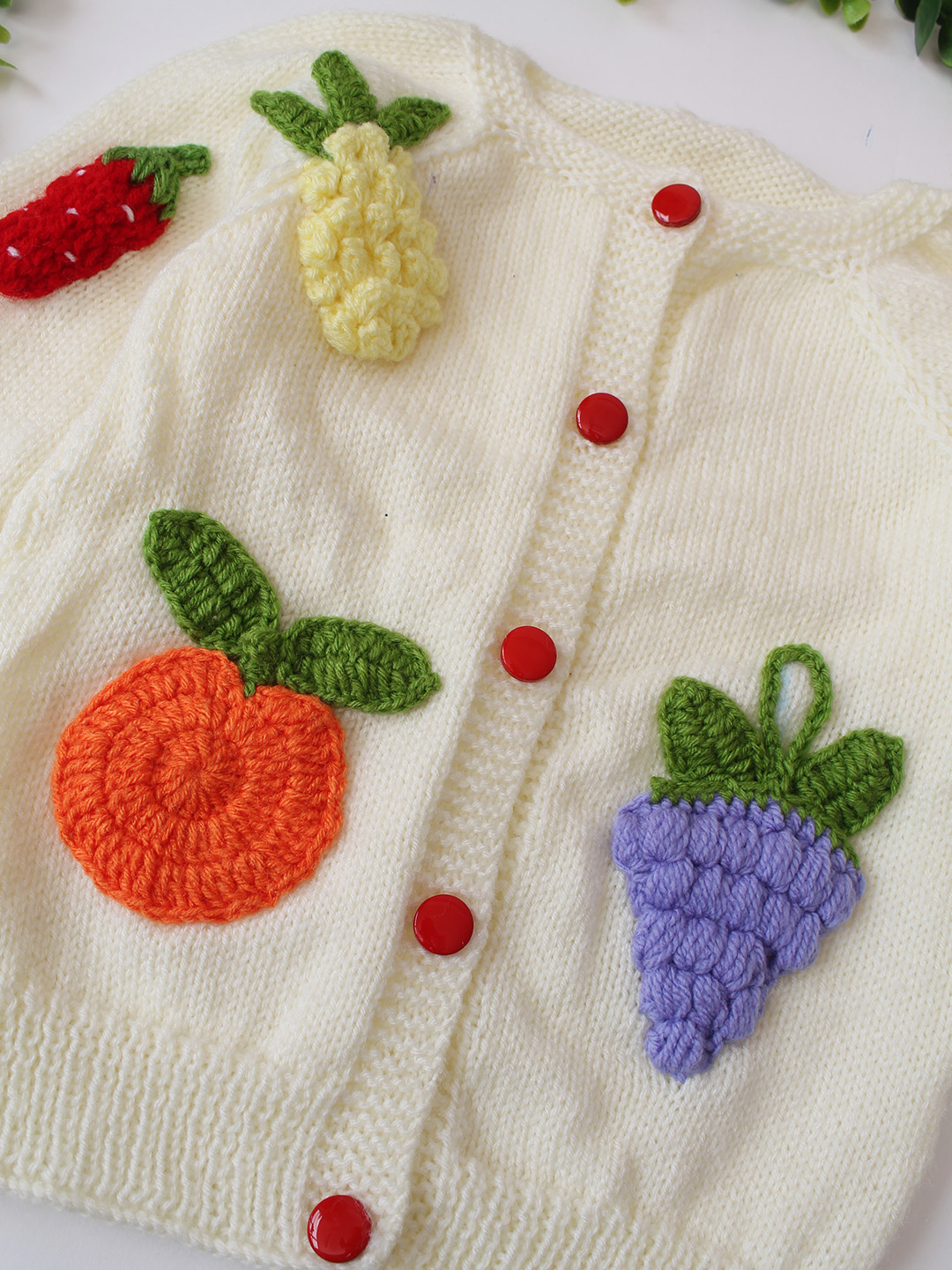 Handknitted 3D Fruit Applique Sweater - Cream
