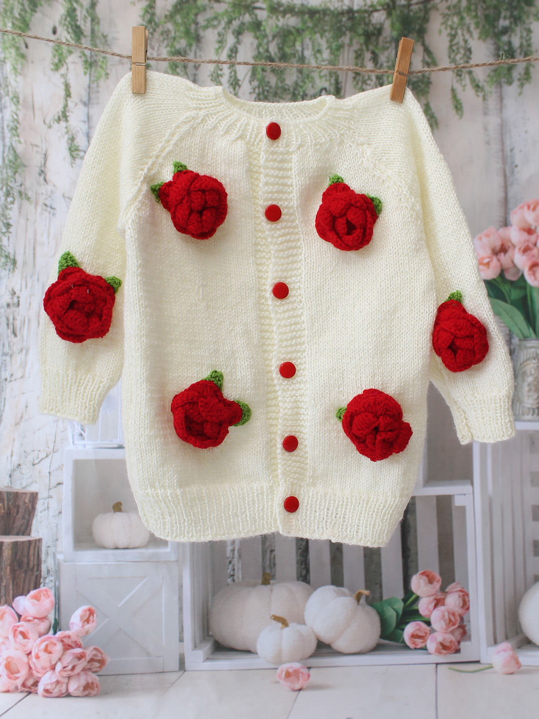 Handknitted Rose Floral Baby Sweater - Cream