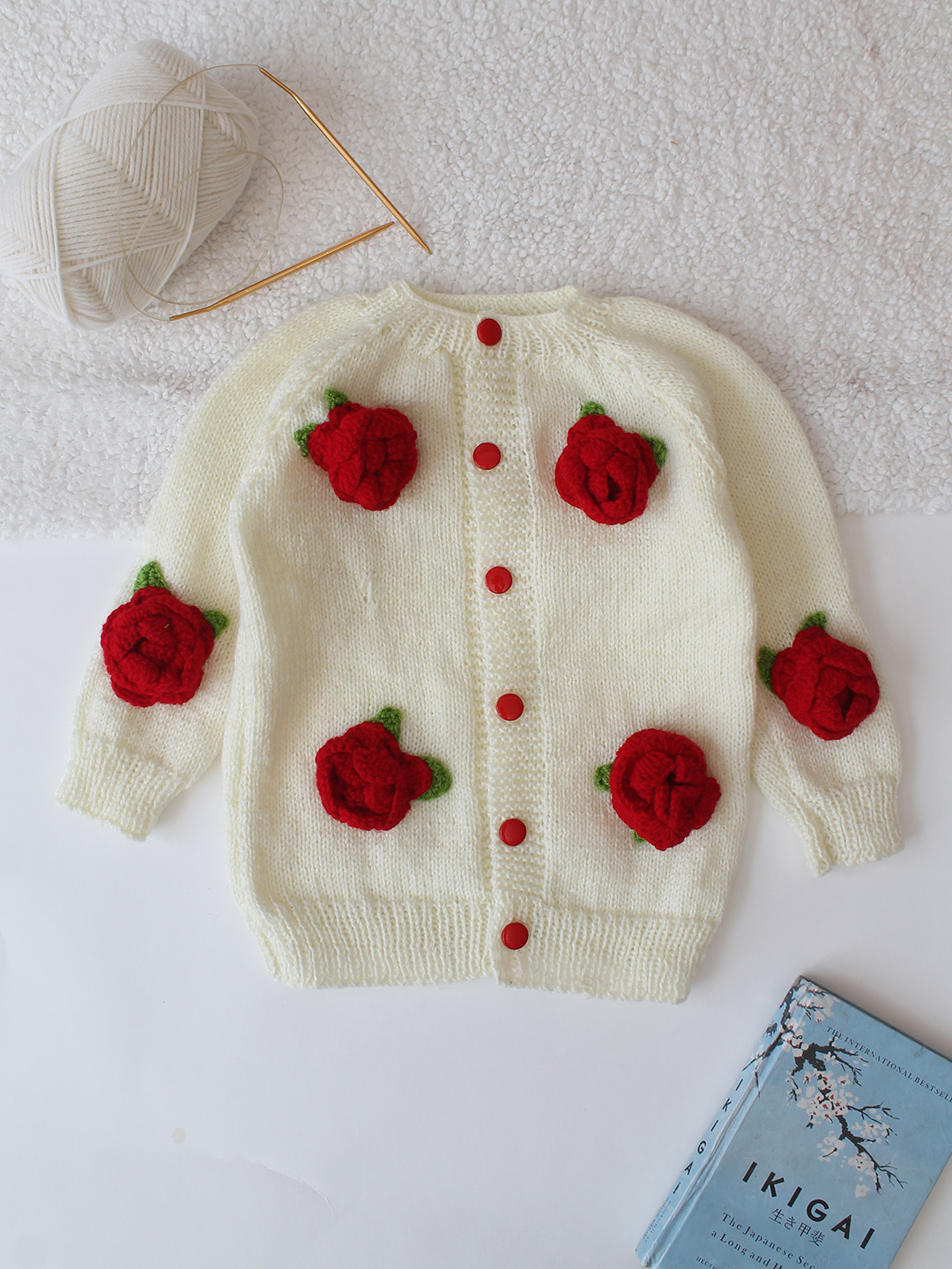 Handknitted Rose Floral Baby Sweater - Cream