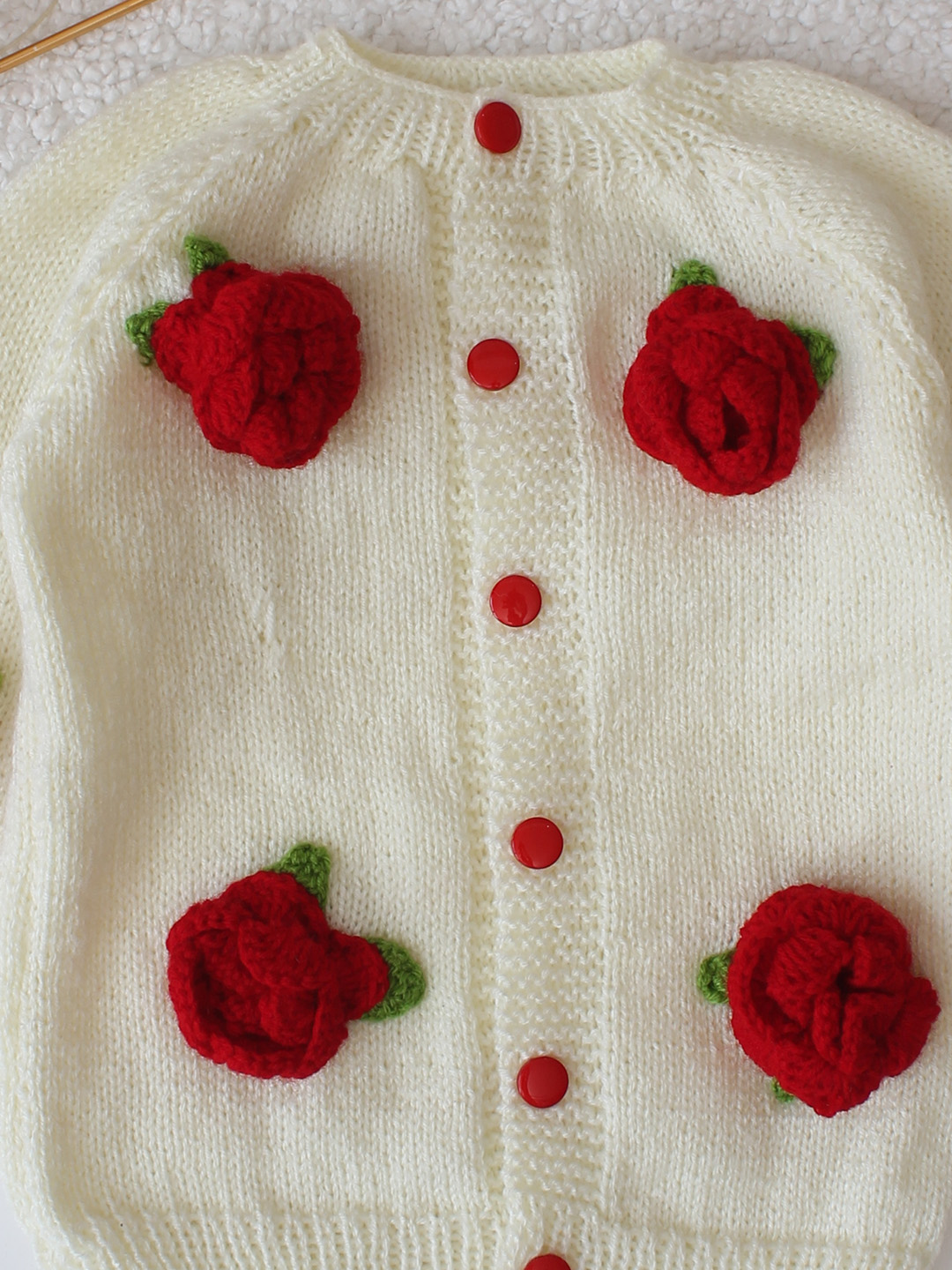 Handknitted Rose Floral Baby Sweater - Cream