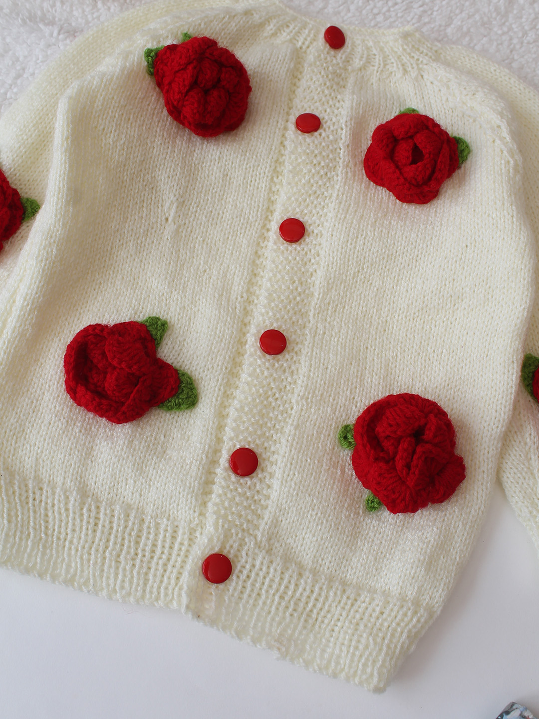 Handknitted Rose Floral Baby Sweater - Cream