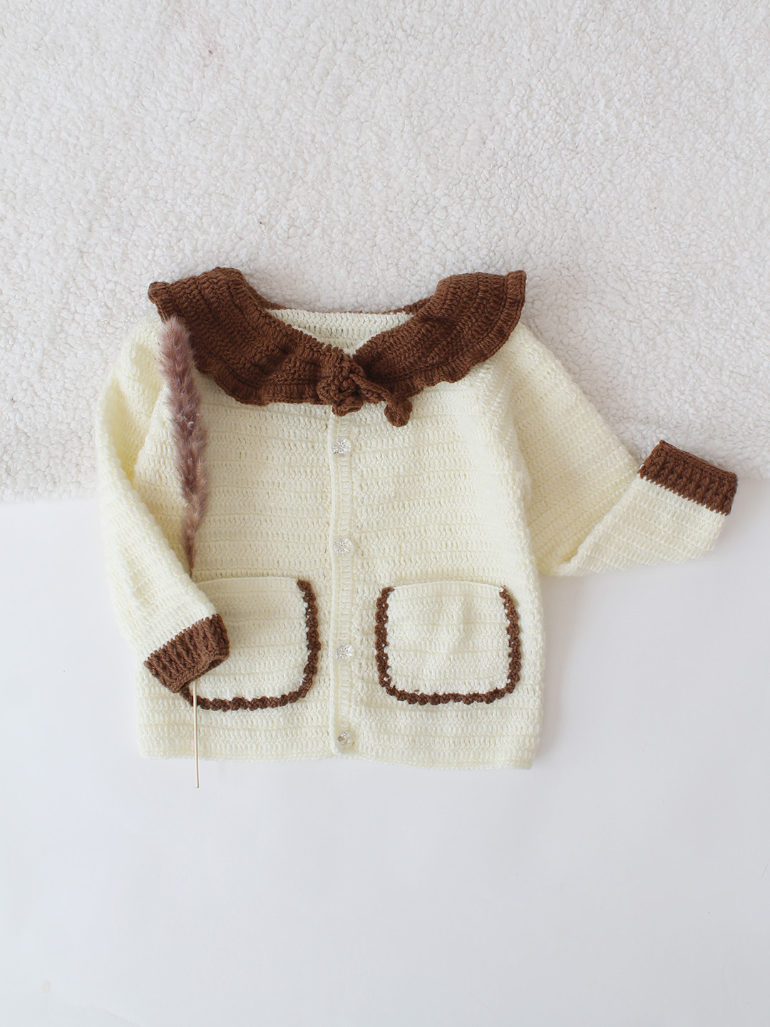 Crochet Brown Blazer Style Sweater - Cream