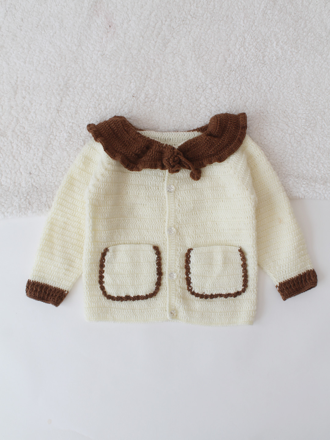 Crochet Brown Blazer Style Sweater - Cream