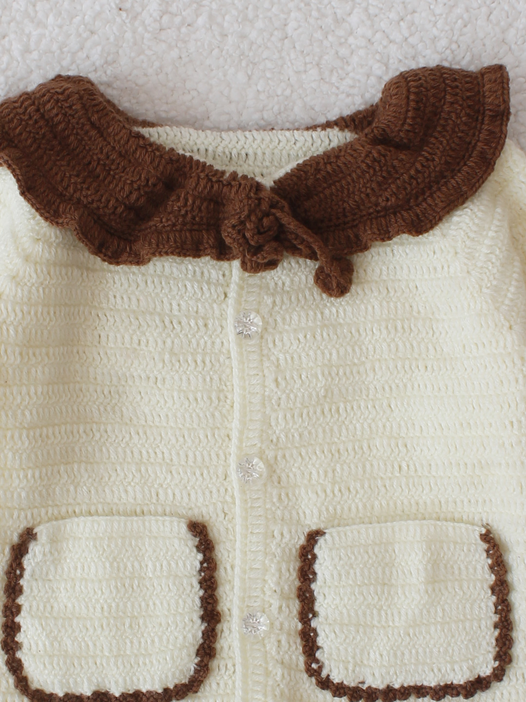 Crochet Brown Blazer Style Sweater - Cream