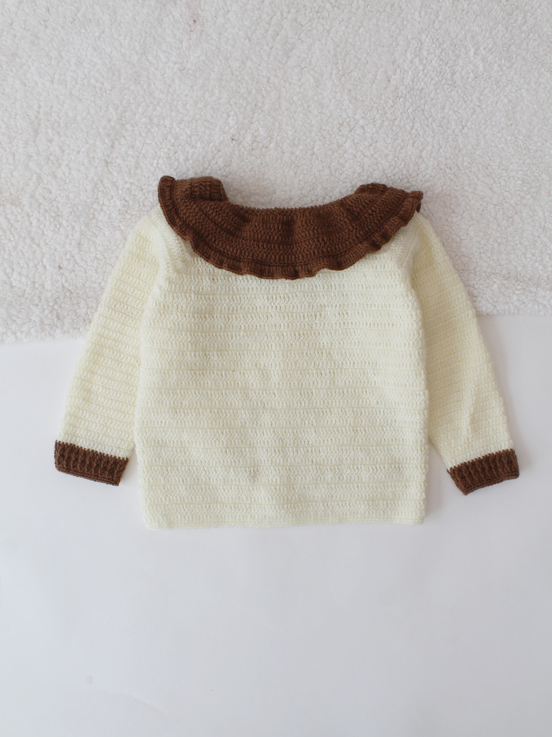 Crochet Brown Blazer Style Sweater - Cream