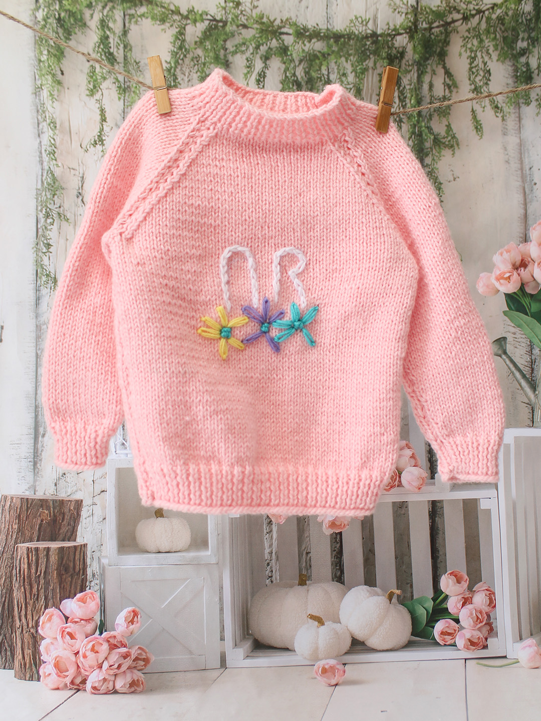 Handknitted Embroidered Bunny Ears Pullover