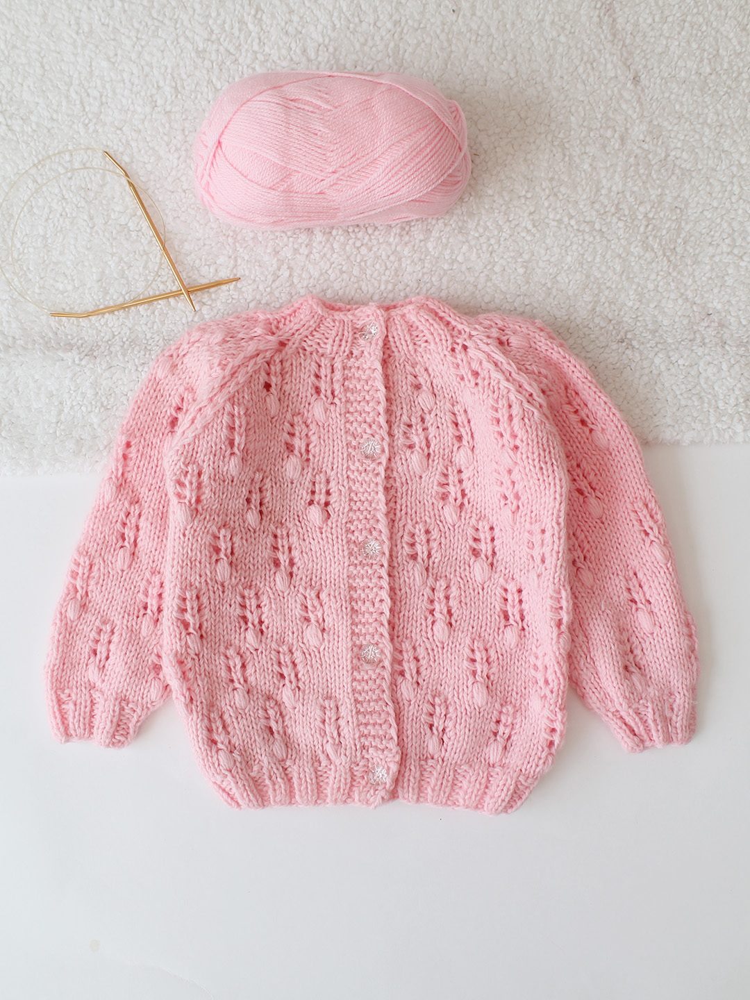 Handknitted Self Design Front Button Openable Sweater - Pink