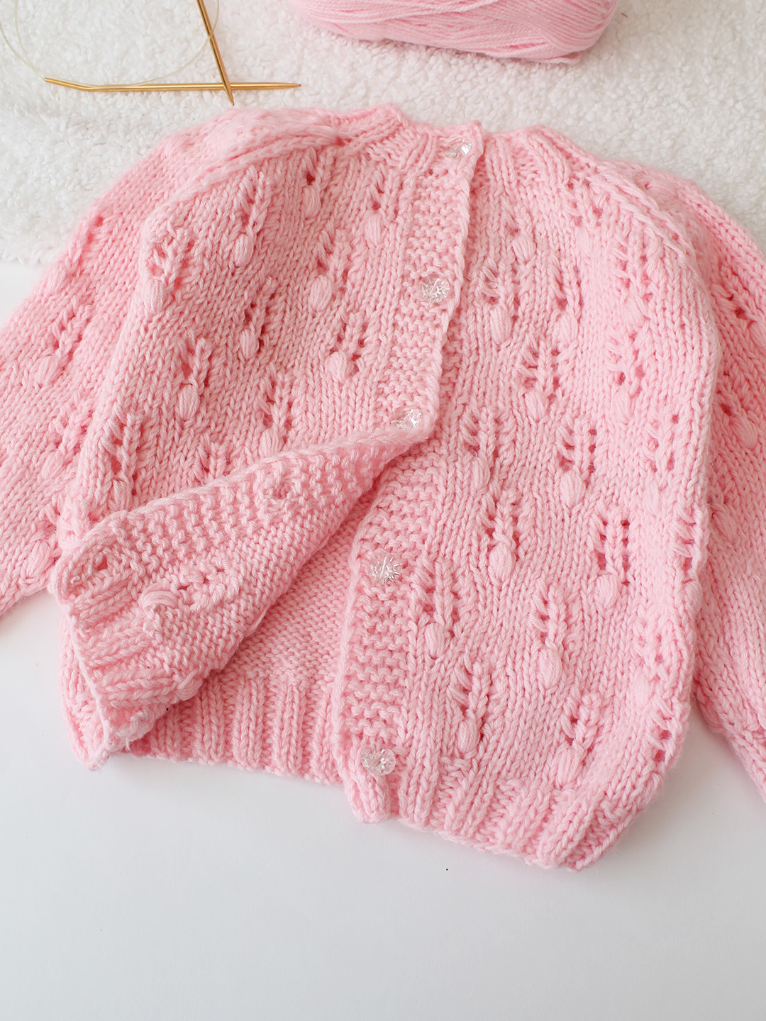Handknitted Self Design Front Button Openable Sweater - Pink