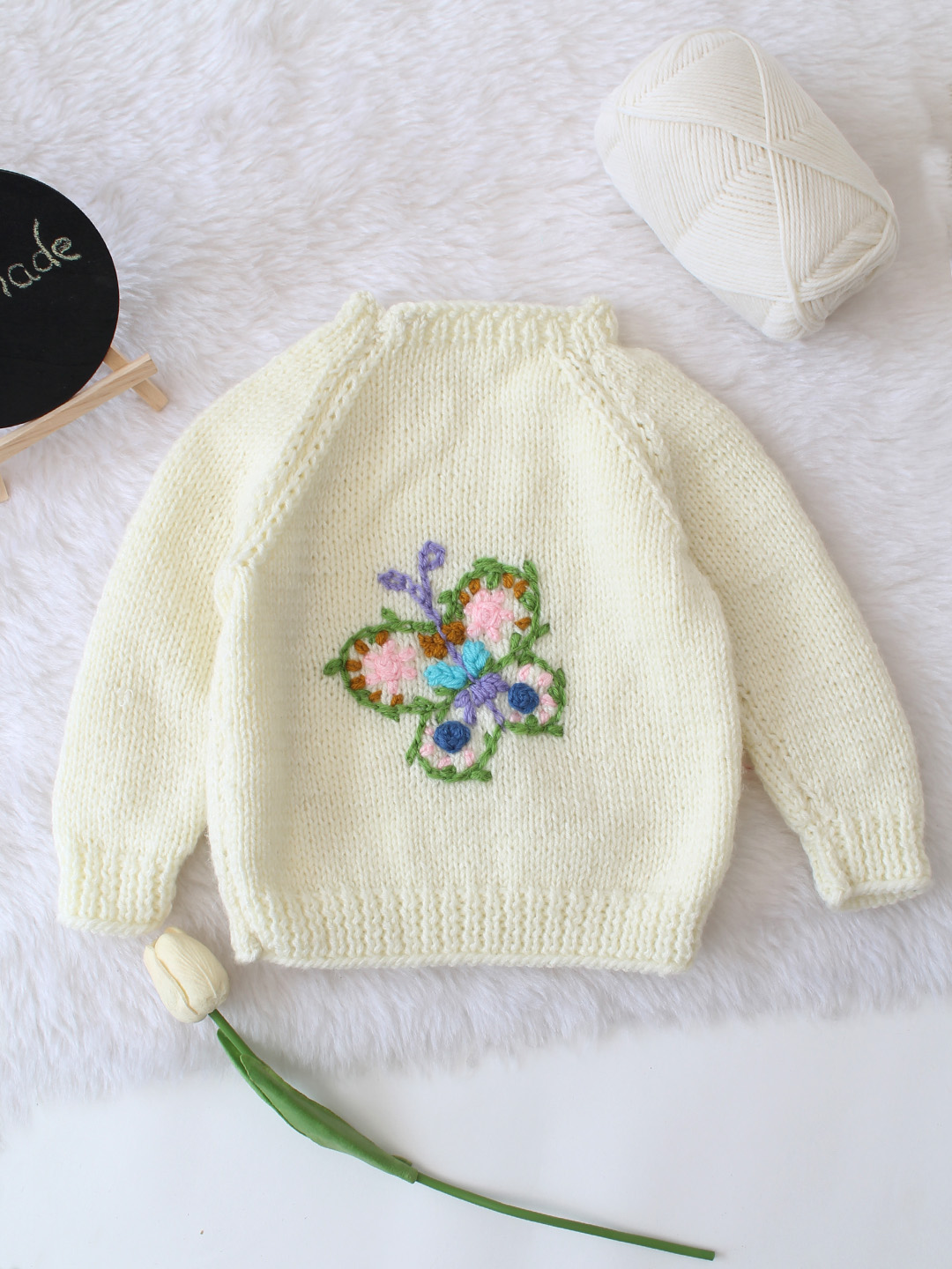 Embroidered Butterfly Handmade Sweater - Cream