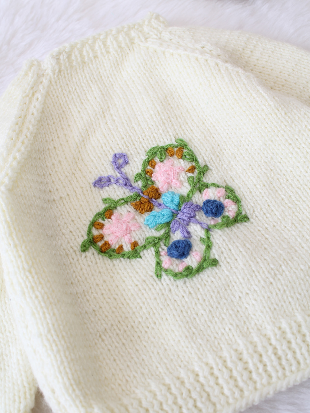 Embroidered Butterfly Handmade Sweater - Cream
