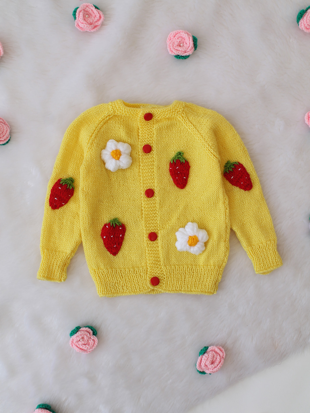 Handknitted Floral Straberry Sweater -Yellow