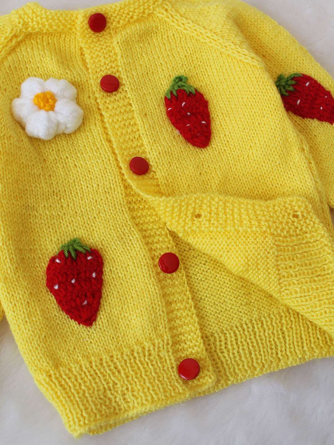 Handknitted Floral Straberry Sweater -Yellow