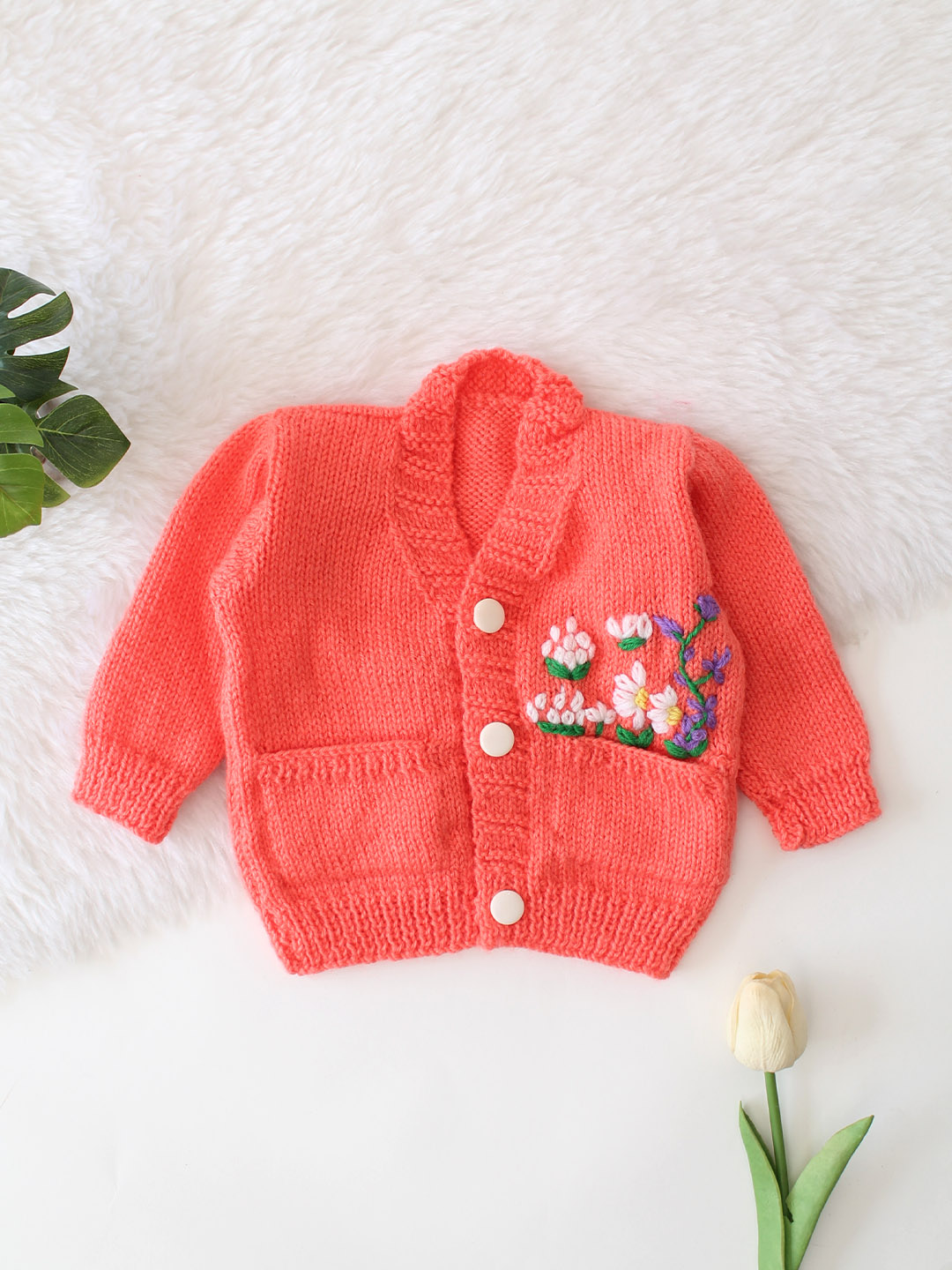Floral Embroidered Pocket Detailed Sweater